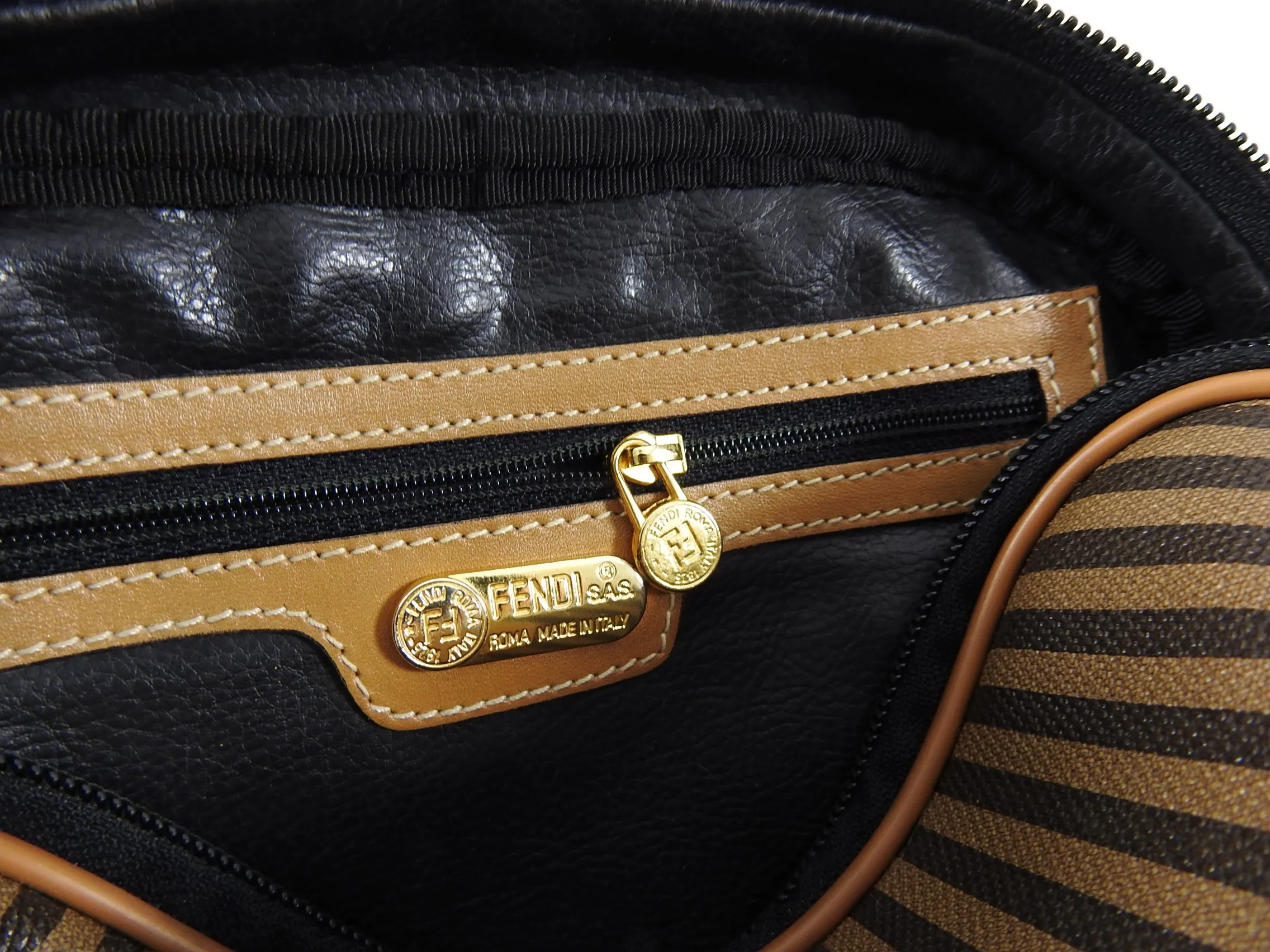 Fendi Vintage 1990's Tan Stripe Coated Canvas Crossbody Bag