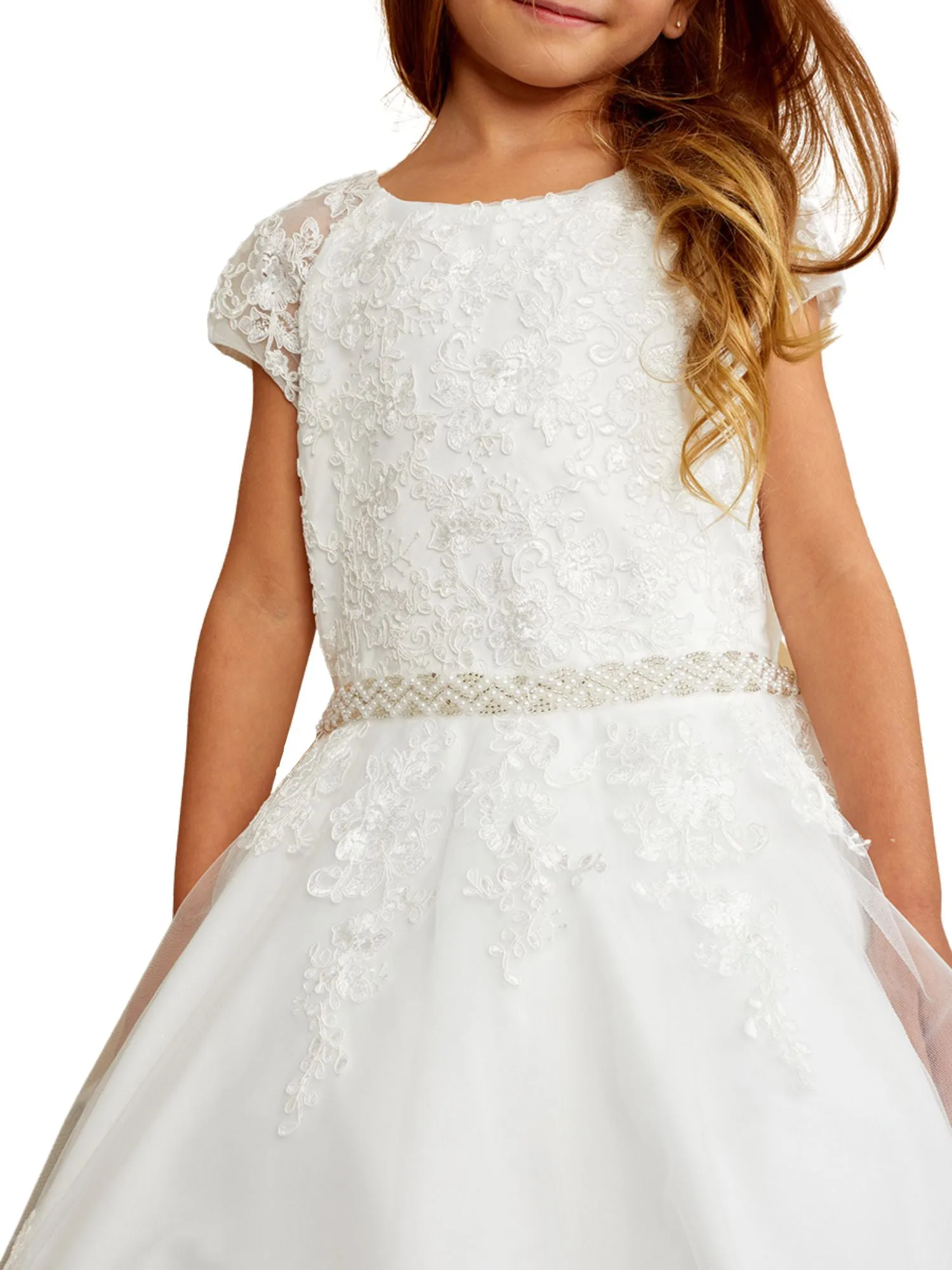 Girls Lace Cap Sleeve Pearl Adorned Special Occasion Dress, Sizes 2-16