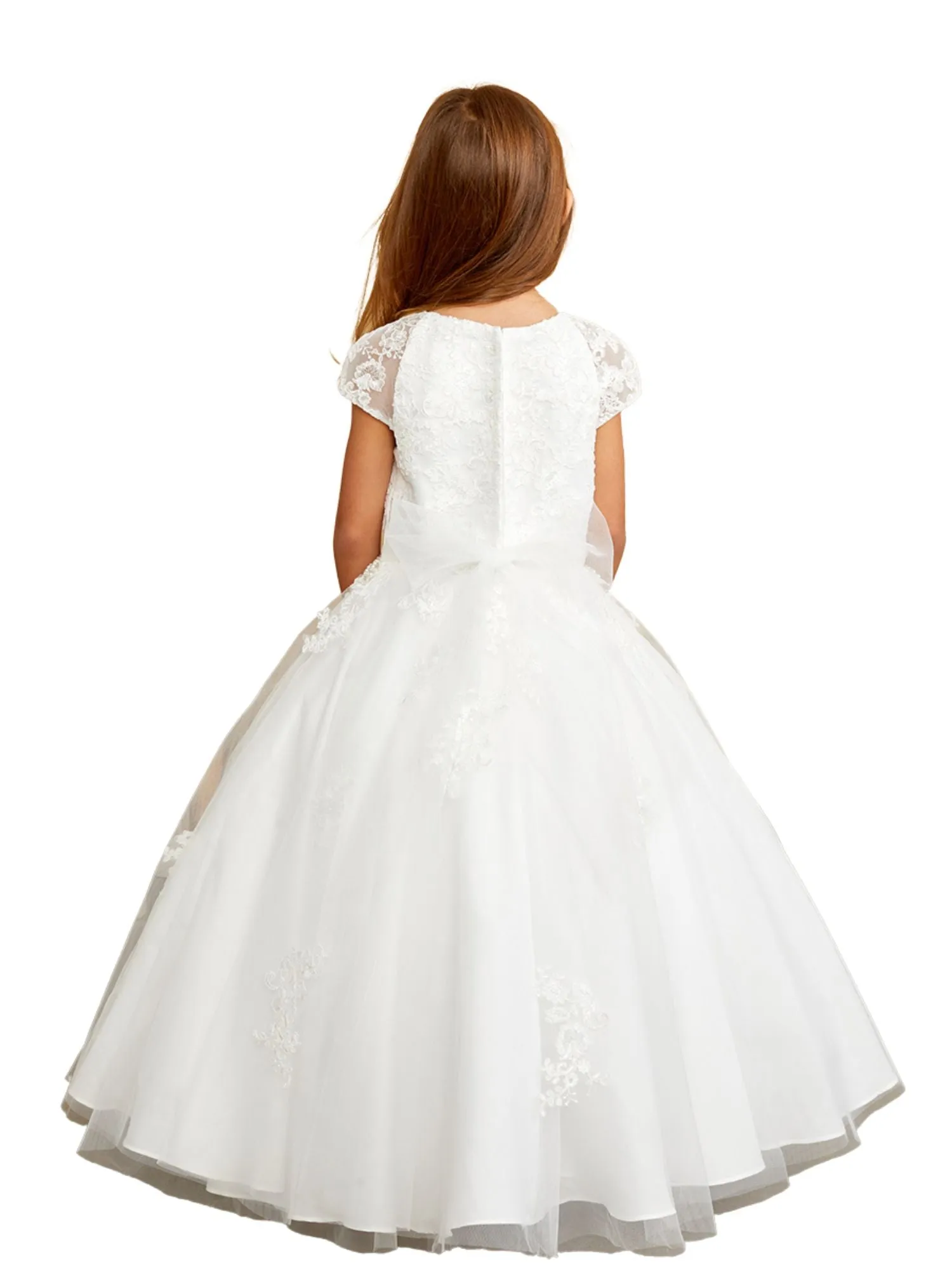 Girls Lace Cap Sleeve Pearl Adorned Special Occasion Dress, Sizes 2-16