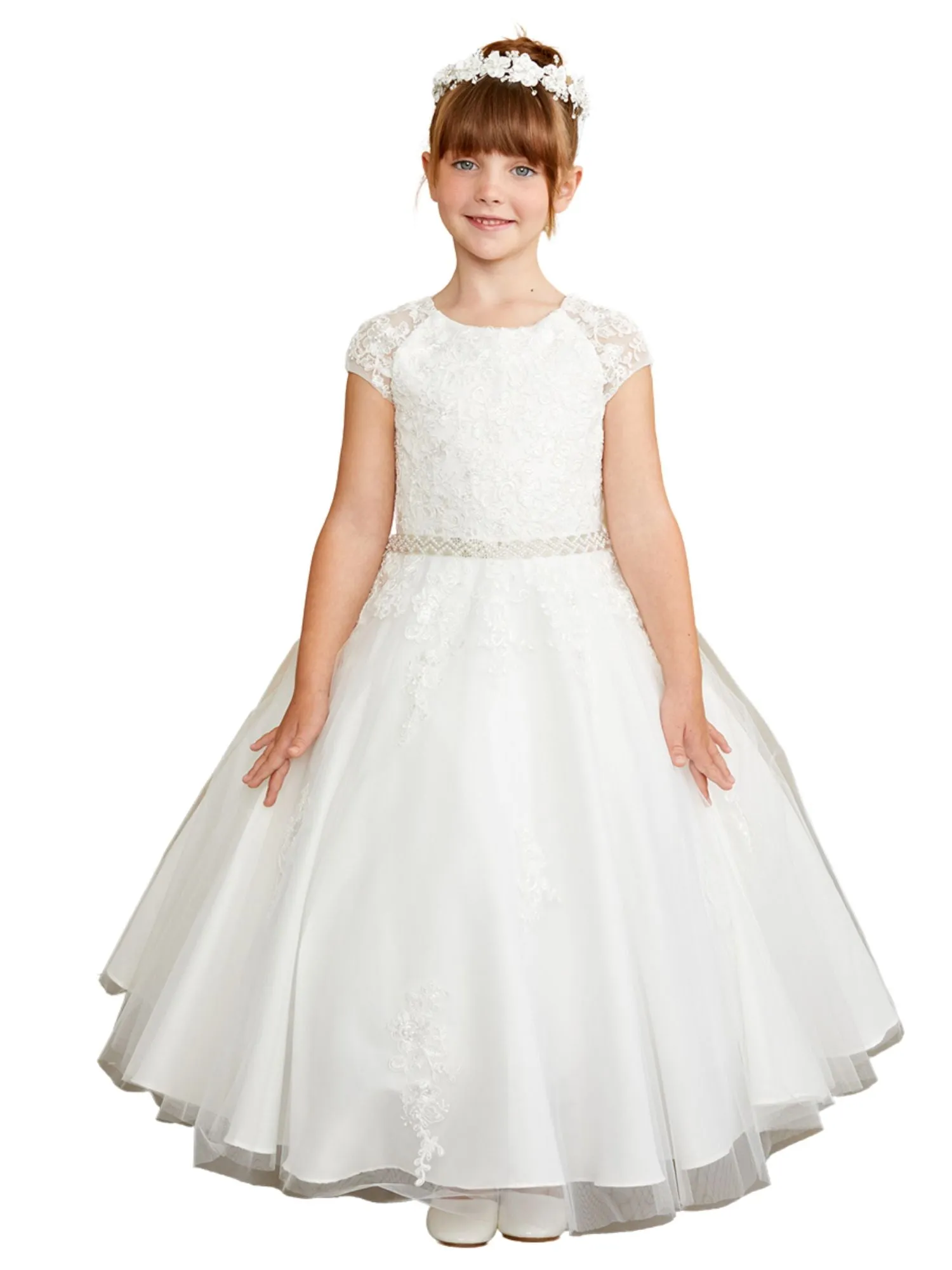 Girls Lace Cap Sleeve Pearl Adorned Special Occasion Dress, Sizes 2-16