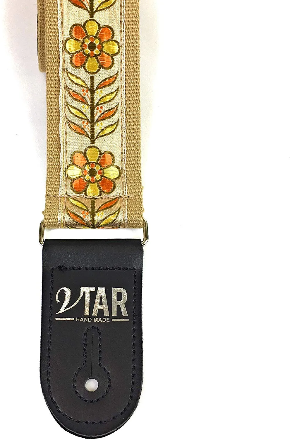 Handmade 60's Style Floral Hendrix Hemp Guitar Strap by VTAR, Made with Vegan Leather. For Acoustic, Bass and Electric (Beige Hemp OYF)