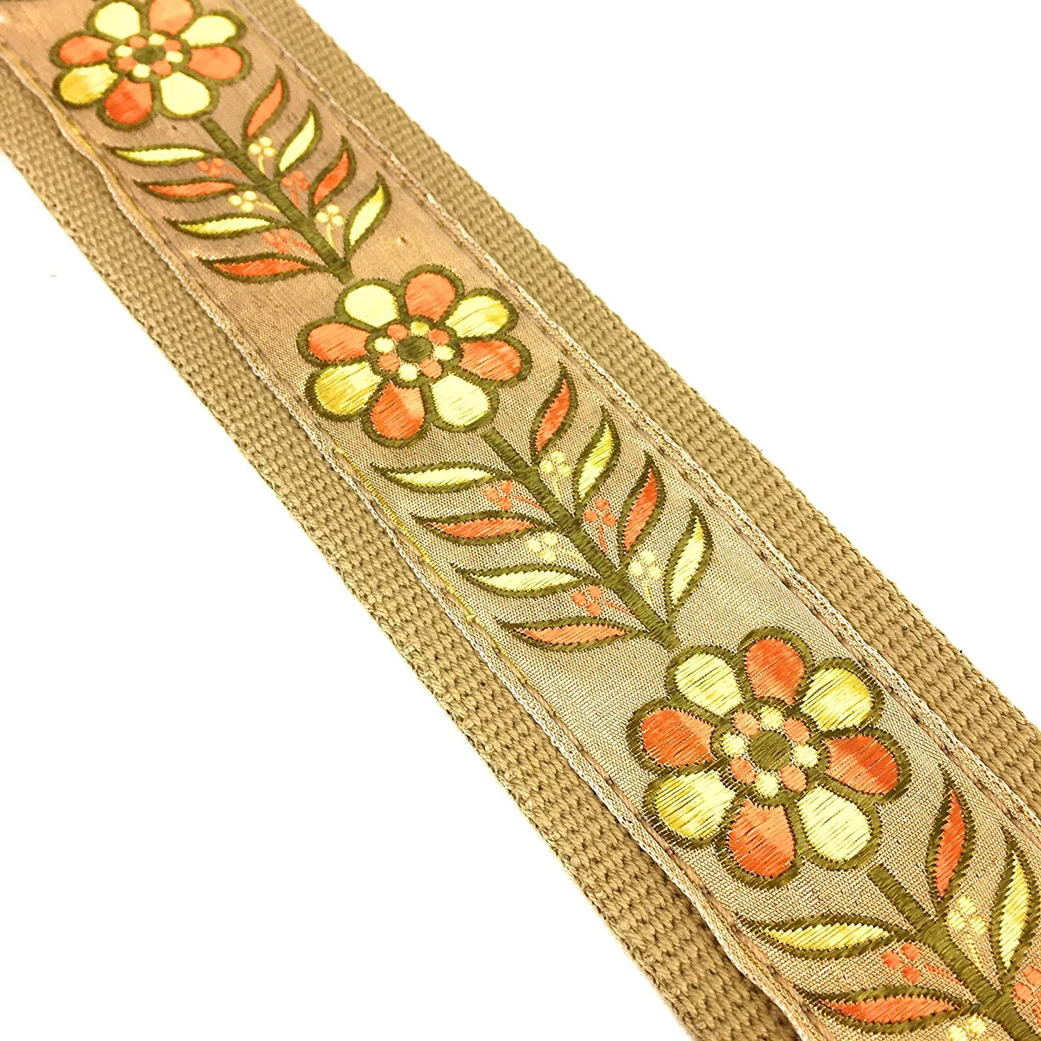 Handmade 60's Style Floral Hendrix Hemp Guitar Strap by VTAR, Made with Vegan Leather. For Acoustic, Bass and Electric (Beige Hemp OYF)