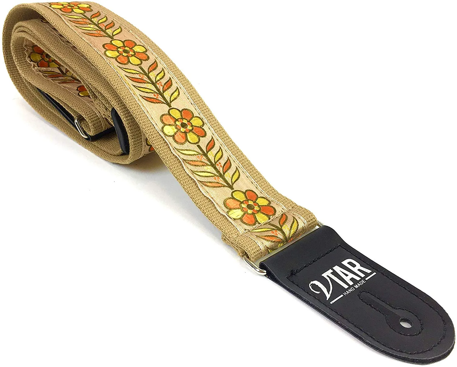 Handmade 60's Style Floral Hendrix Hemp Guitar Strap by VTAR, Made with Vegan Leather. For Acoustic, Bass and Electric (Beige Hemp OYF)