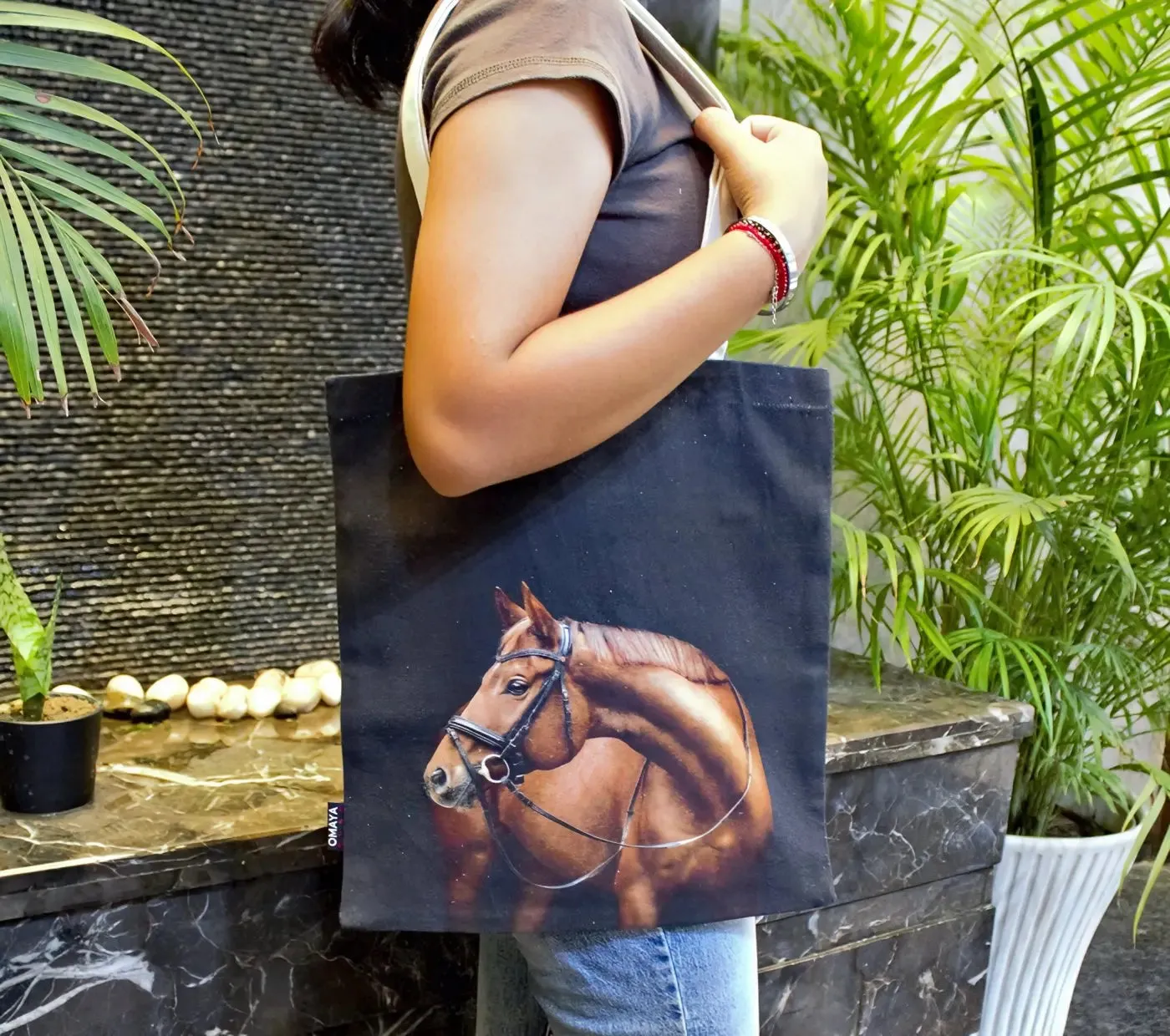 house of Omaya Horse Print Cotton Canvas Tote Bag 34×36 Cms
