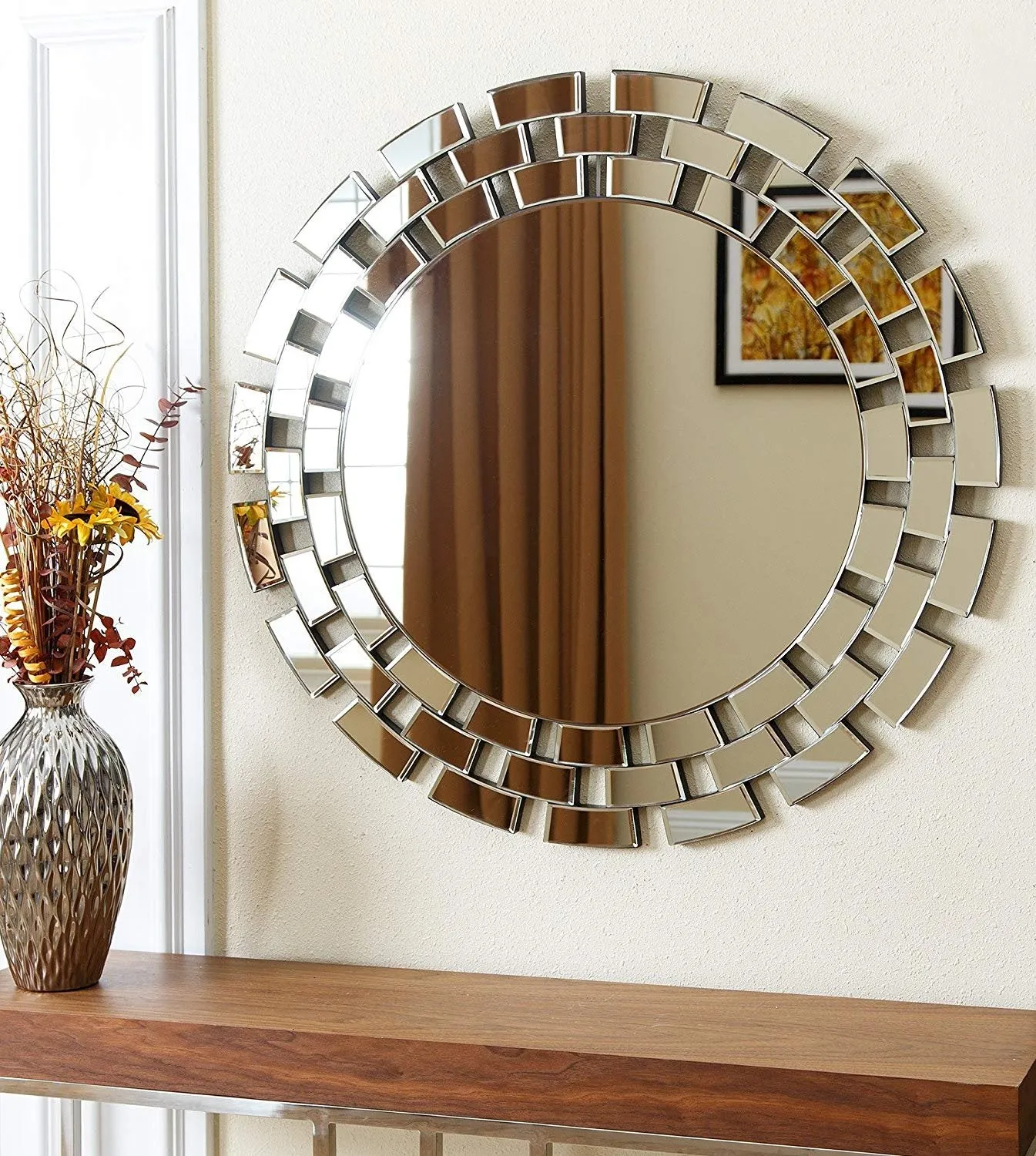 Inde Gallery Venetian Image Designer Foyer Hallway Entry Elegant Wall Mount Round Glass Mirror for Home Decor with Free Photo Frame (Silver, 36" X 36" ) Framed