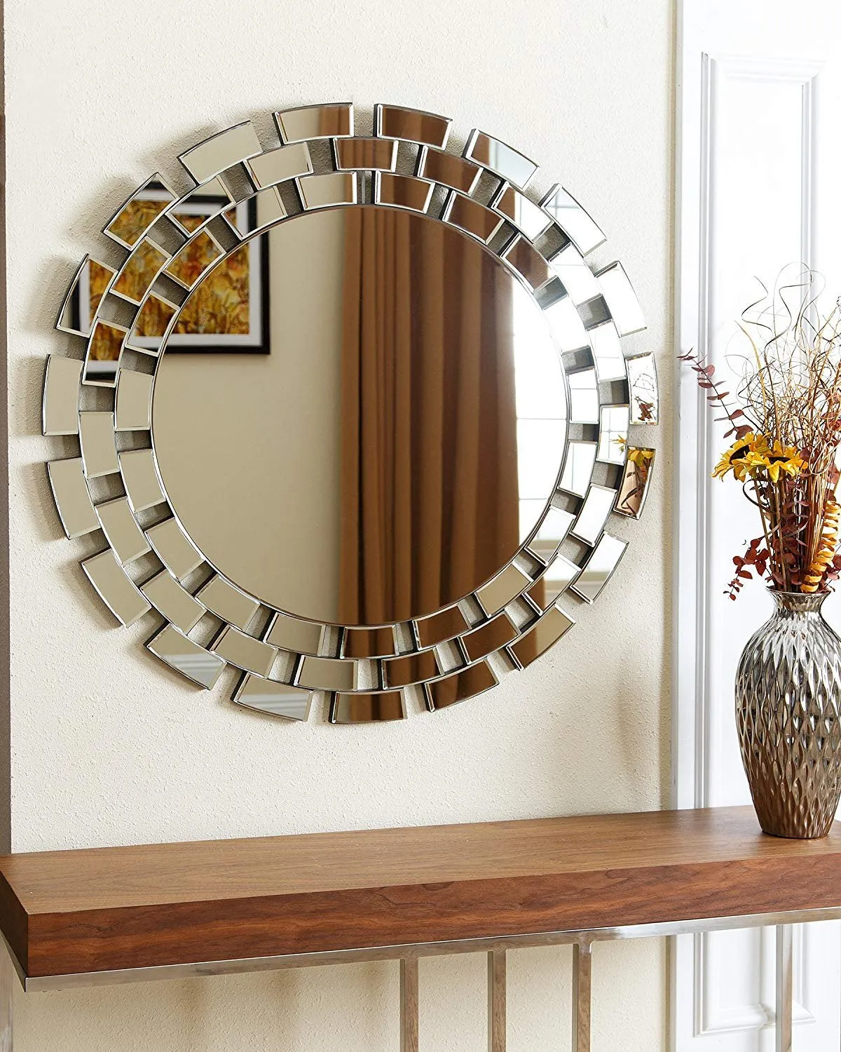 Inde Gallery Venetian Image Designer Foyer Hallway Entry Elegant Wall Mount Round Glass Mirror for Home Decor with Free Photo Frame (Silver, 36" X 36" ) Framed