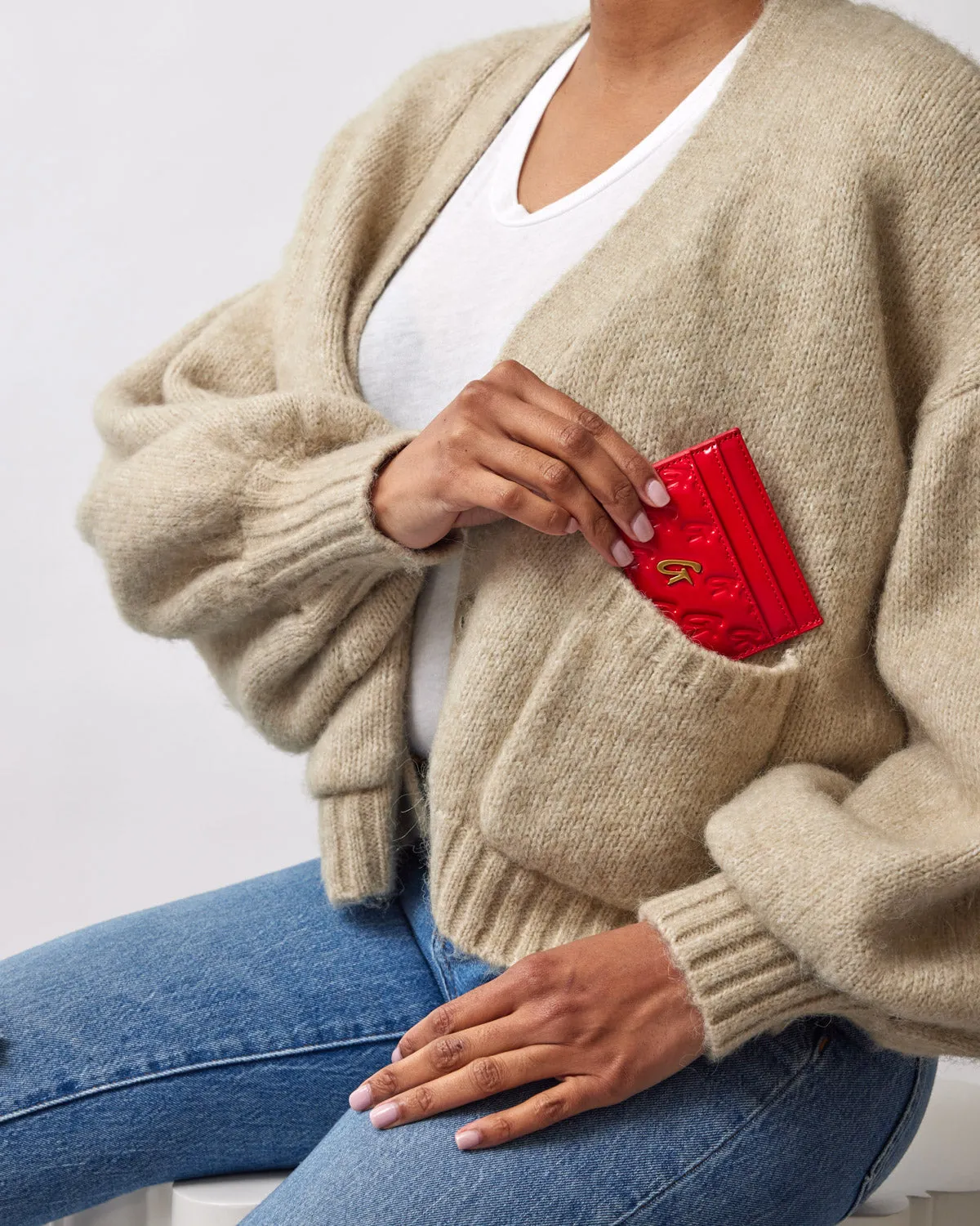 MONOGRAM GOLD CARD HOLDER - MIRROR RED
