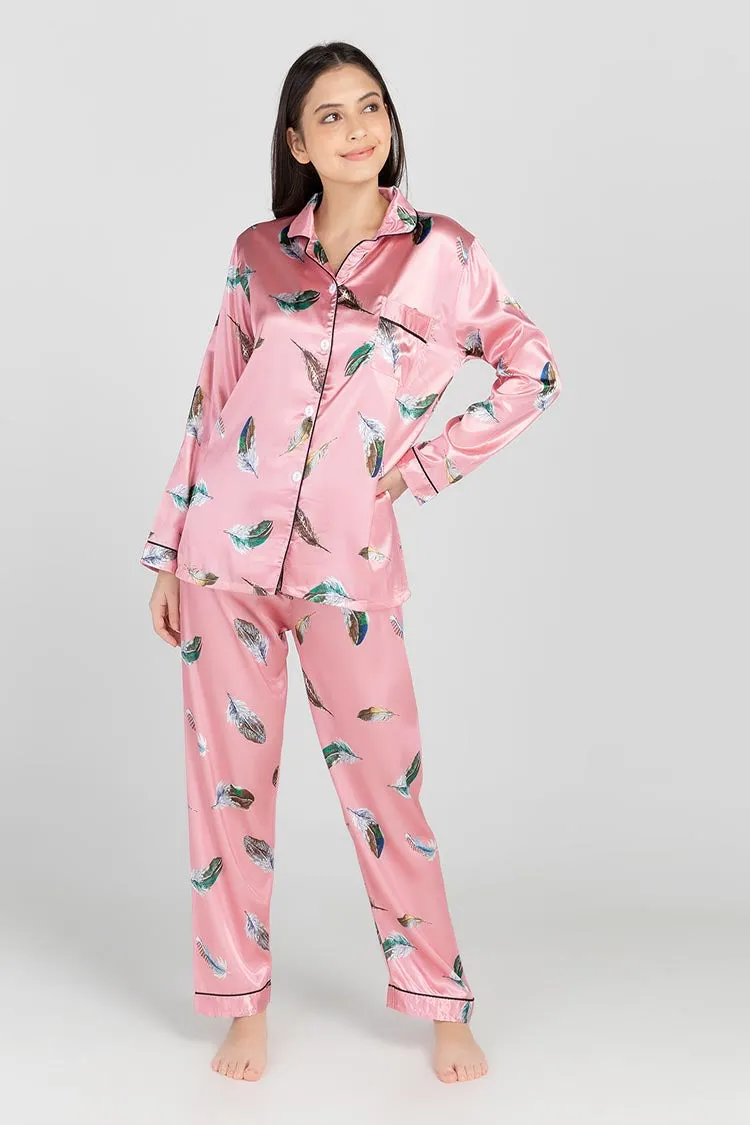 Myra Satin Long Sleeve Pajama Lounge Set (Pink Feather)