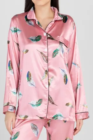 Myra Satin Long Sleeve Pajama Lounge Set (Pink Feather)