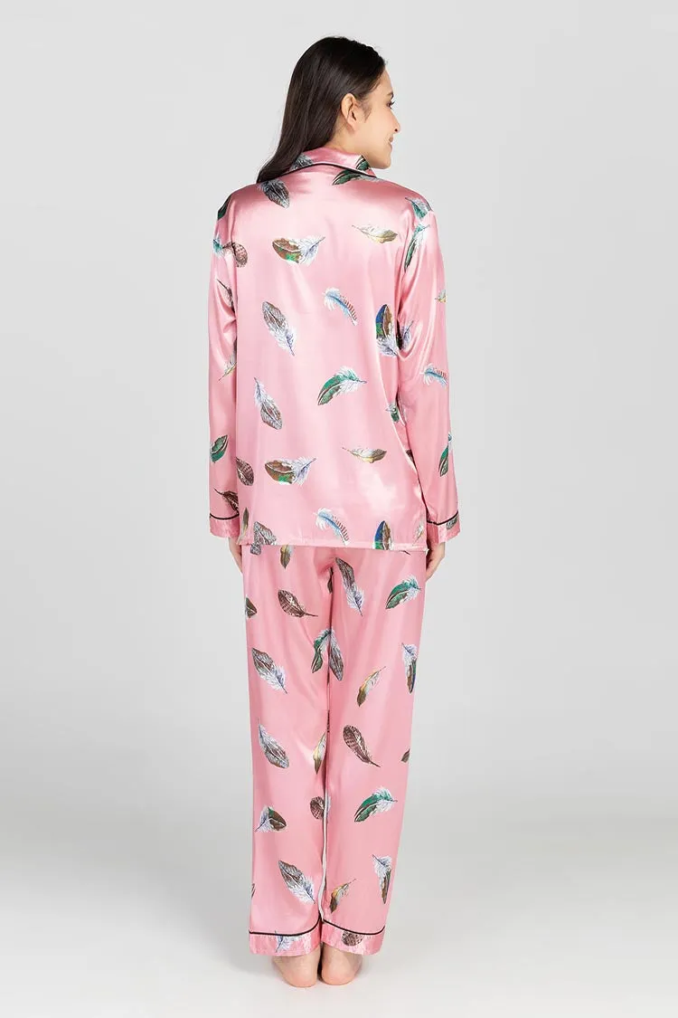 Myra Satin Long Sleeve Pajama Lounge Set (Pink Feather)