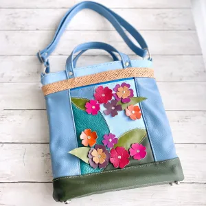 Packet in Patchwork, Blossoms, Color Block in Sky Blue, Blue Fog, Raffia, Olive
