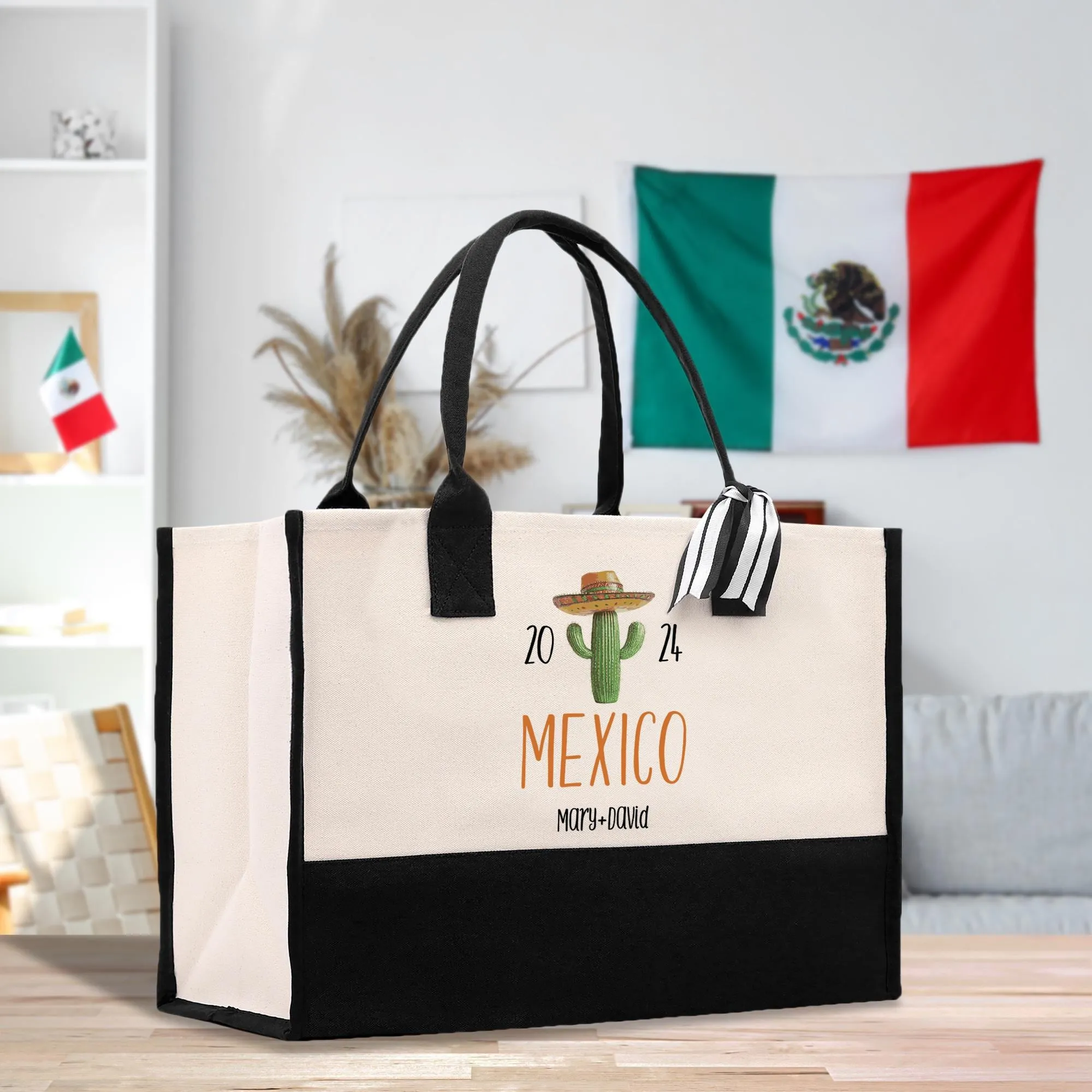 Personalized Year Mexico Cotton Canvas Tote Bag Custom Cancun Trip Bag Mexico Wedding Welcome Bag Party Favor Bags (MXTB1007)