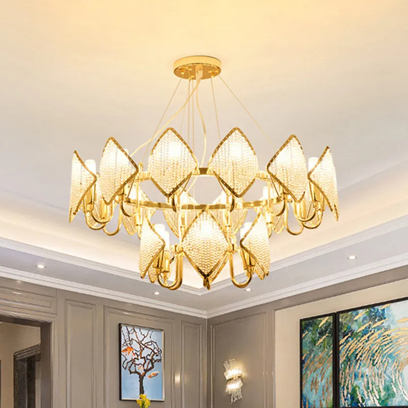 Post-Modern Gold Circle Chandelier Pendant, 10/20-Light Crystal Bead Ceiling Suspension Lamp
