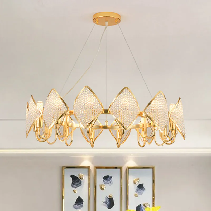 Post-Modern Gold Circle Chandelier Pendant, 10/20-Light Crystal Bead Ceiling Suspension Lamp