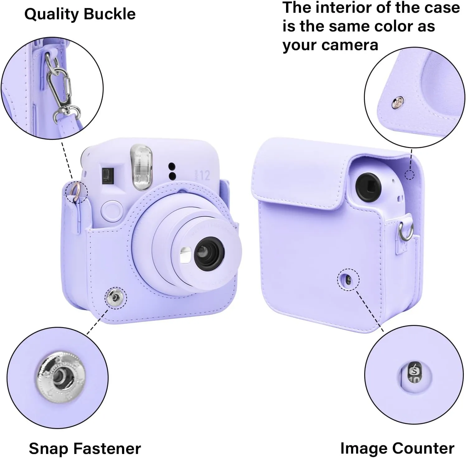 PU Leather Camera Case for Fujifilm Instax Mini 12 Instant Camera | Protective Camera Cover with Adjustable Shoulder Strap - Lilac Purple