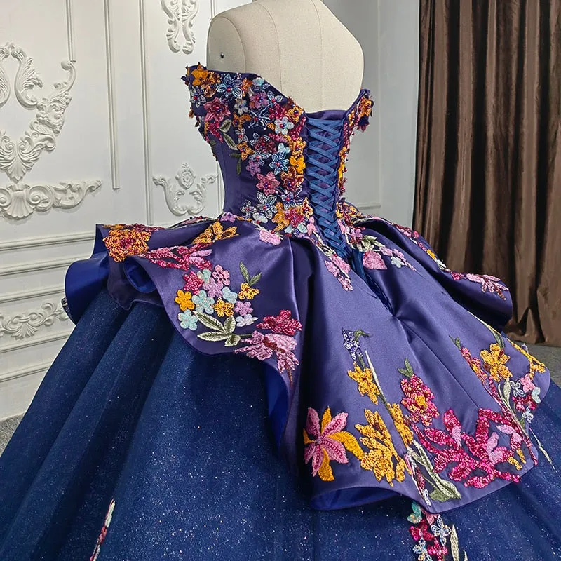 Quinceanera Flower Ball Gown Crystal Blue Sequined Dress