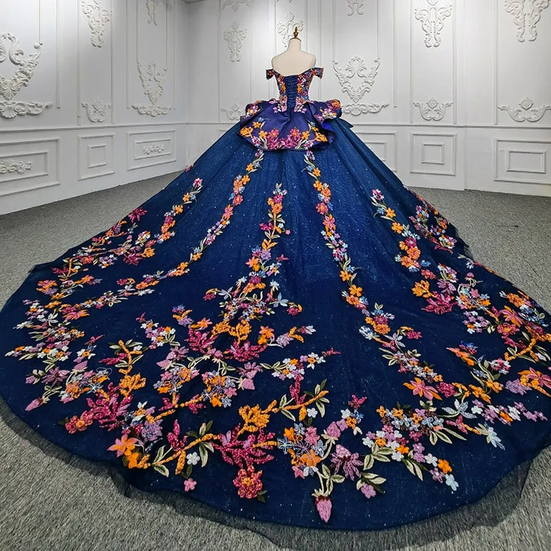 Quinceanera Flower Ball Gown Crystal Blue Sequined Dress