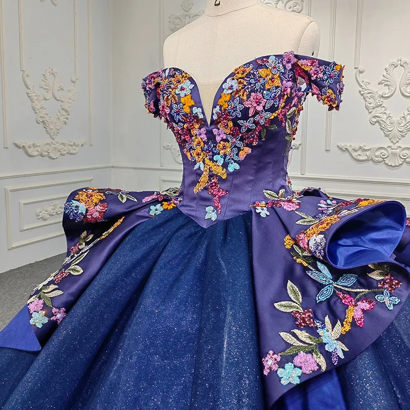 Quinceanera Flower Ball Gown Crystal Blue Sequined Dress