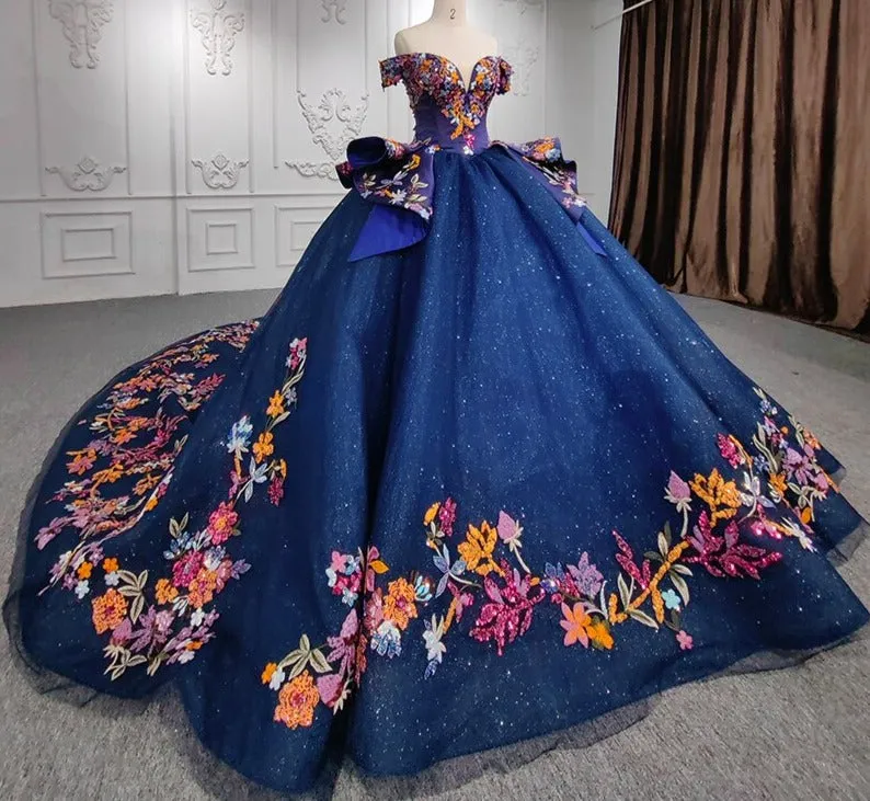 Quinceanera Flower Ball Gown Crystal Blue Sequined Dress