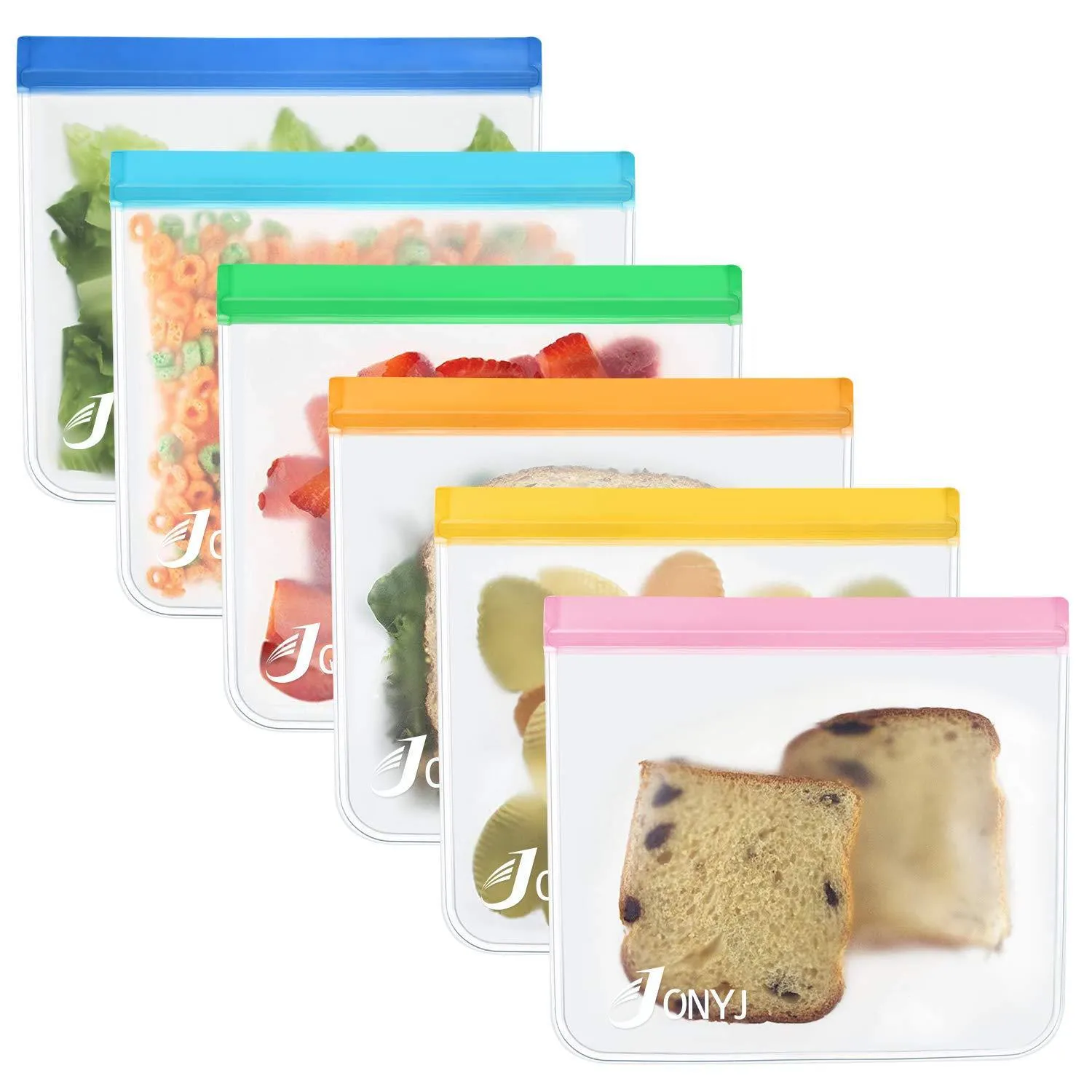 Reusable Sandwich Bags 6-Pack, JONYJ Leakproof Reusable Lunch Storage Bags, FDA Grade PEVA Kids Snack Bags, Extra Thick Ziplock Bags for Food Snacks, Make-up, Stationery, Travel Home Organization