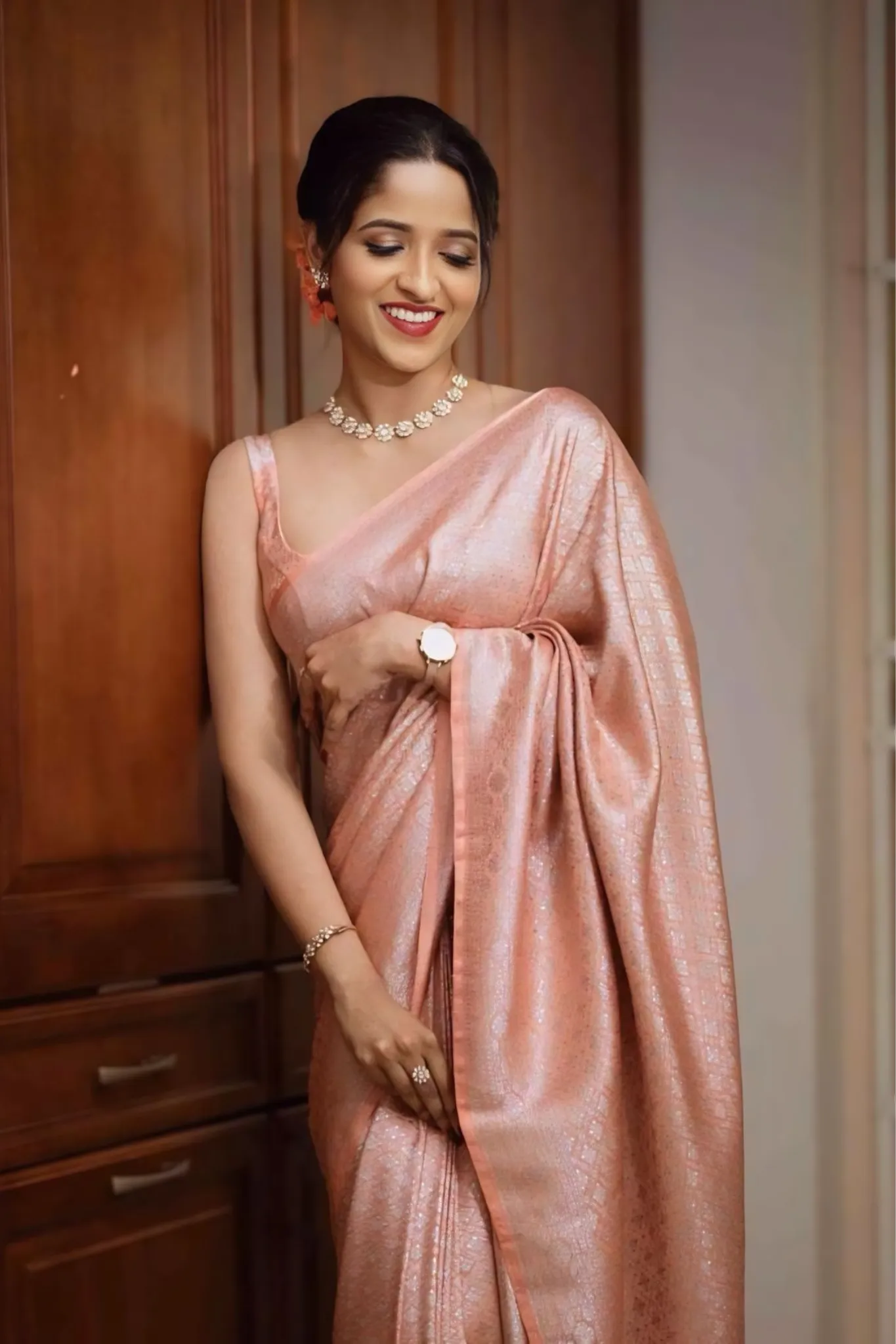 ROSE GOLD COLOUR WITH SILVER ZARI WEAVING BANARASI SOFT SILK SAREE