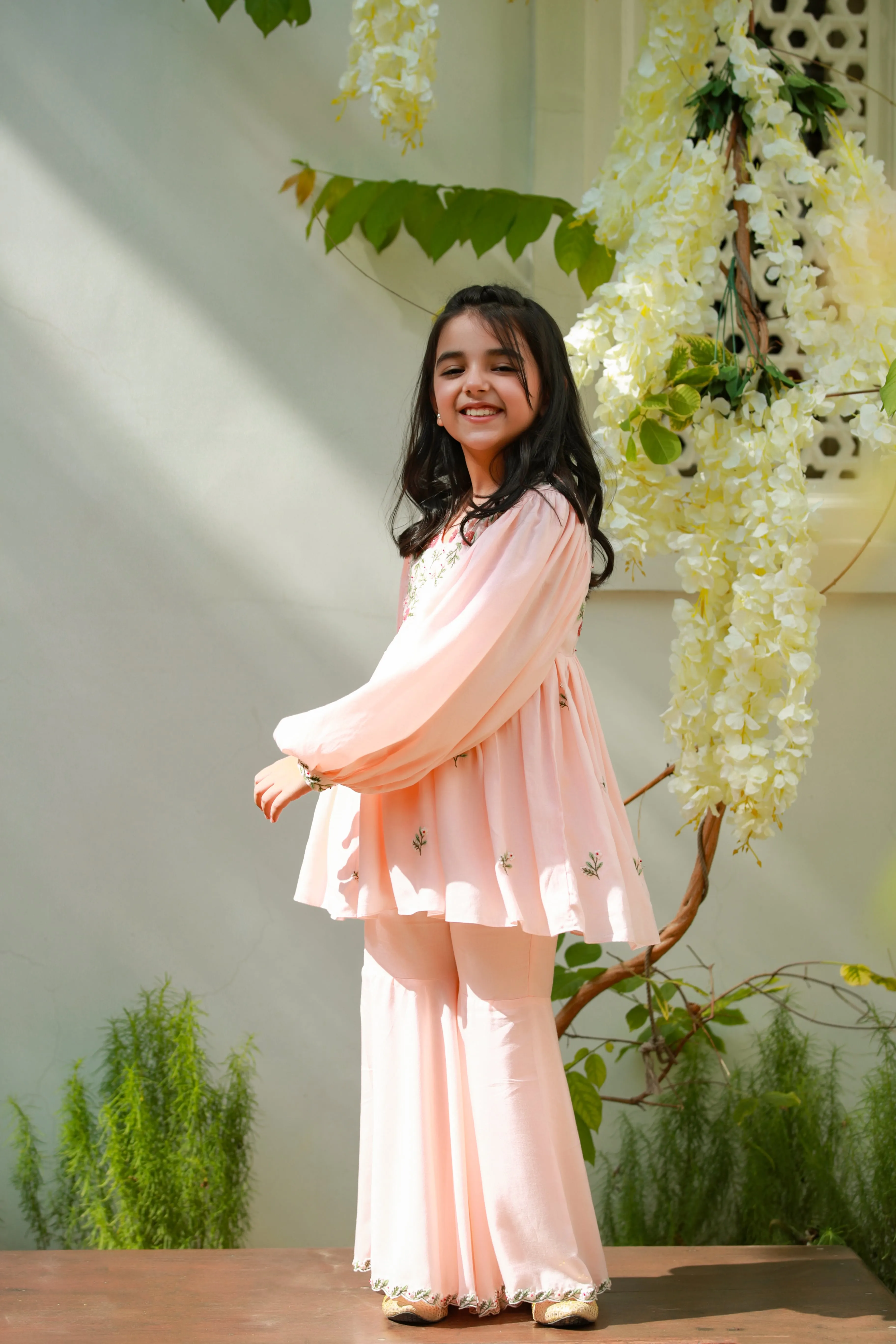 Shagufta- Peach Tencel Kurta & Sharara Set For Girls
