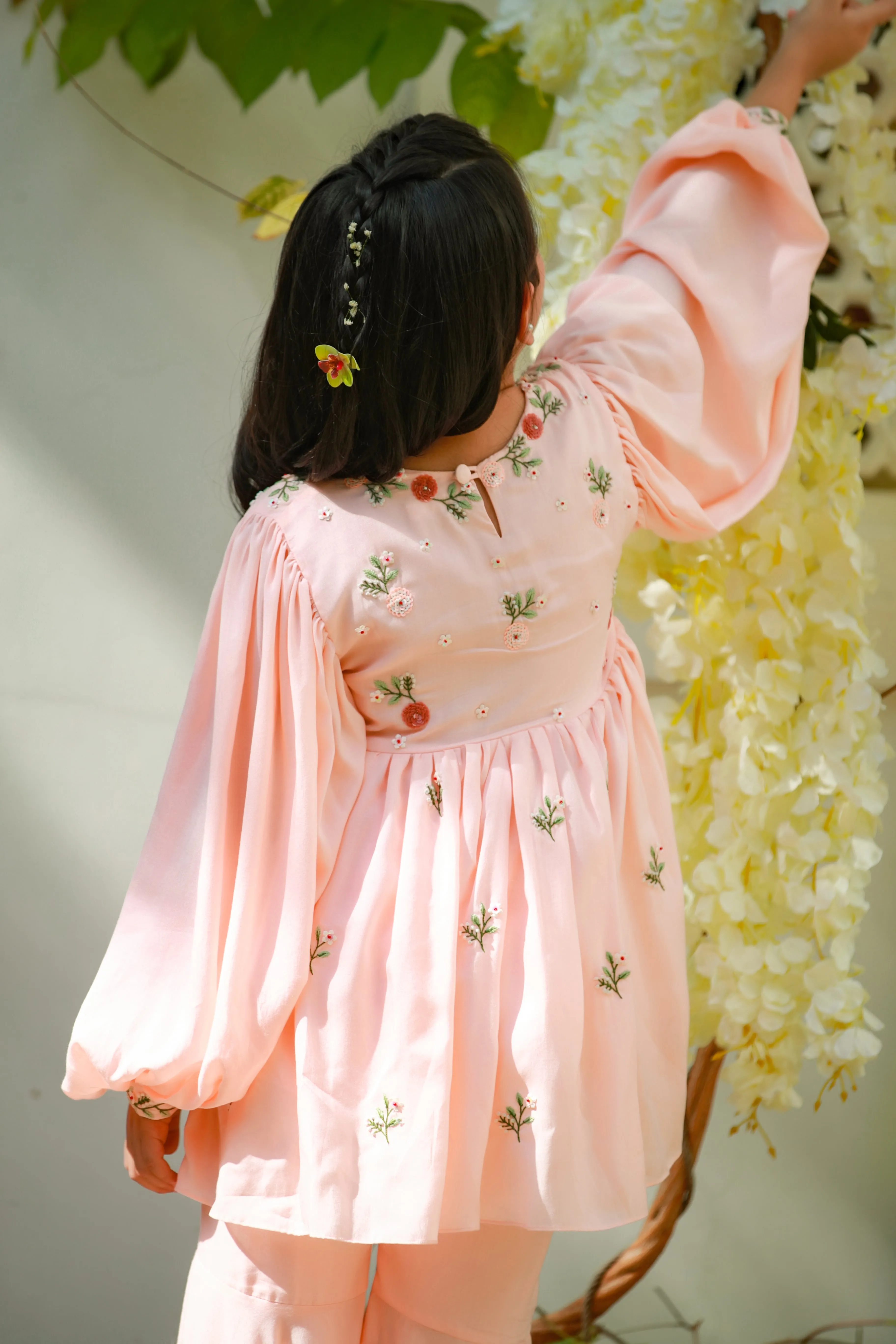 Shagufta- Peach Tencel Kurta & Sharara Set For Girls