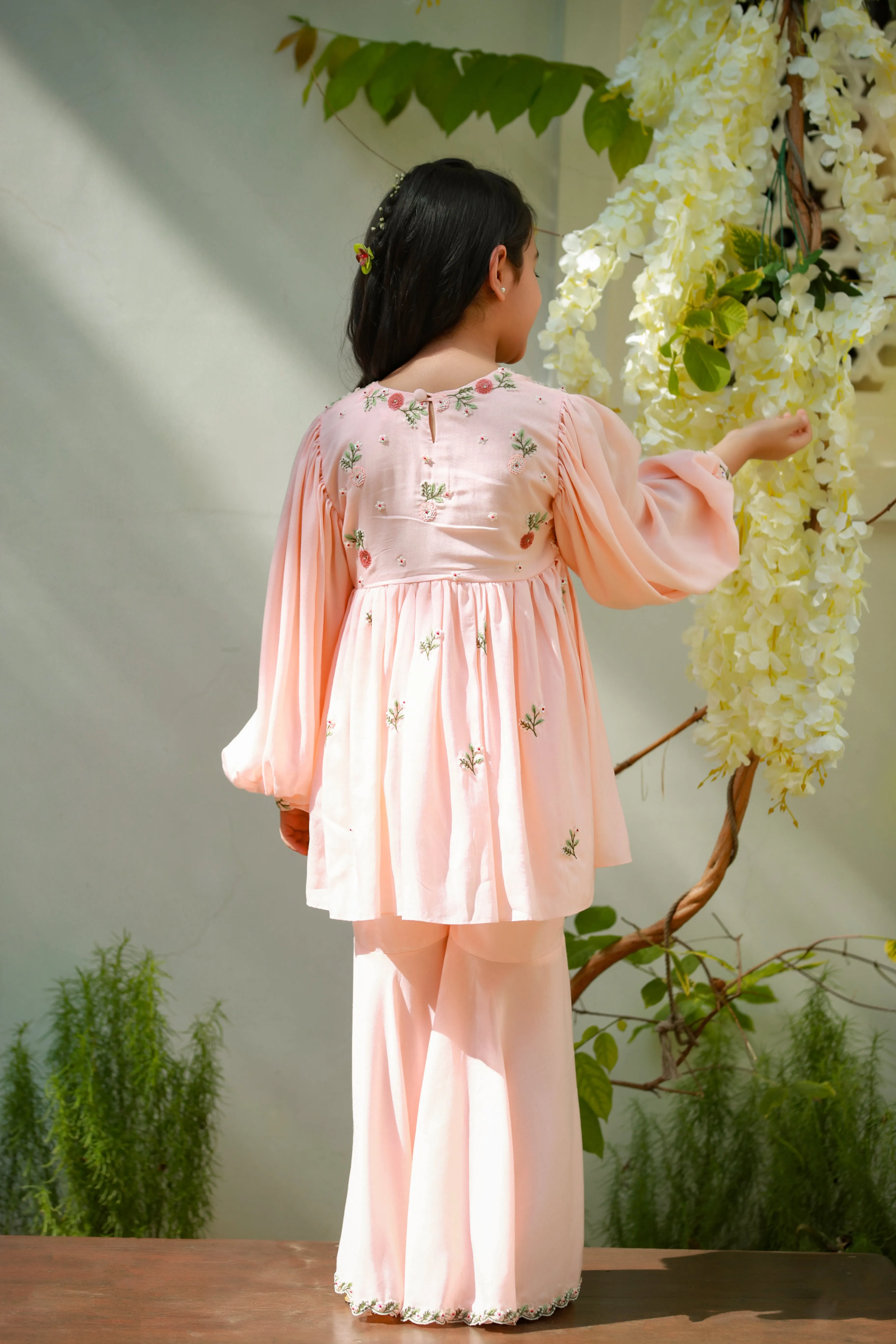 Shagufta- Peach Tencel Kurta & Sharara Set For Girls