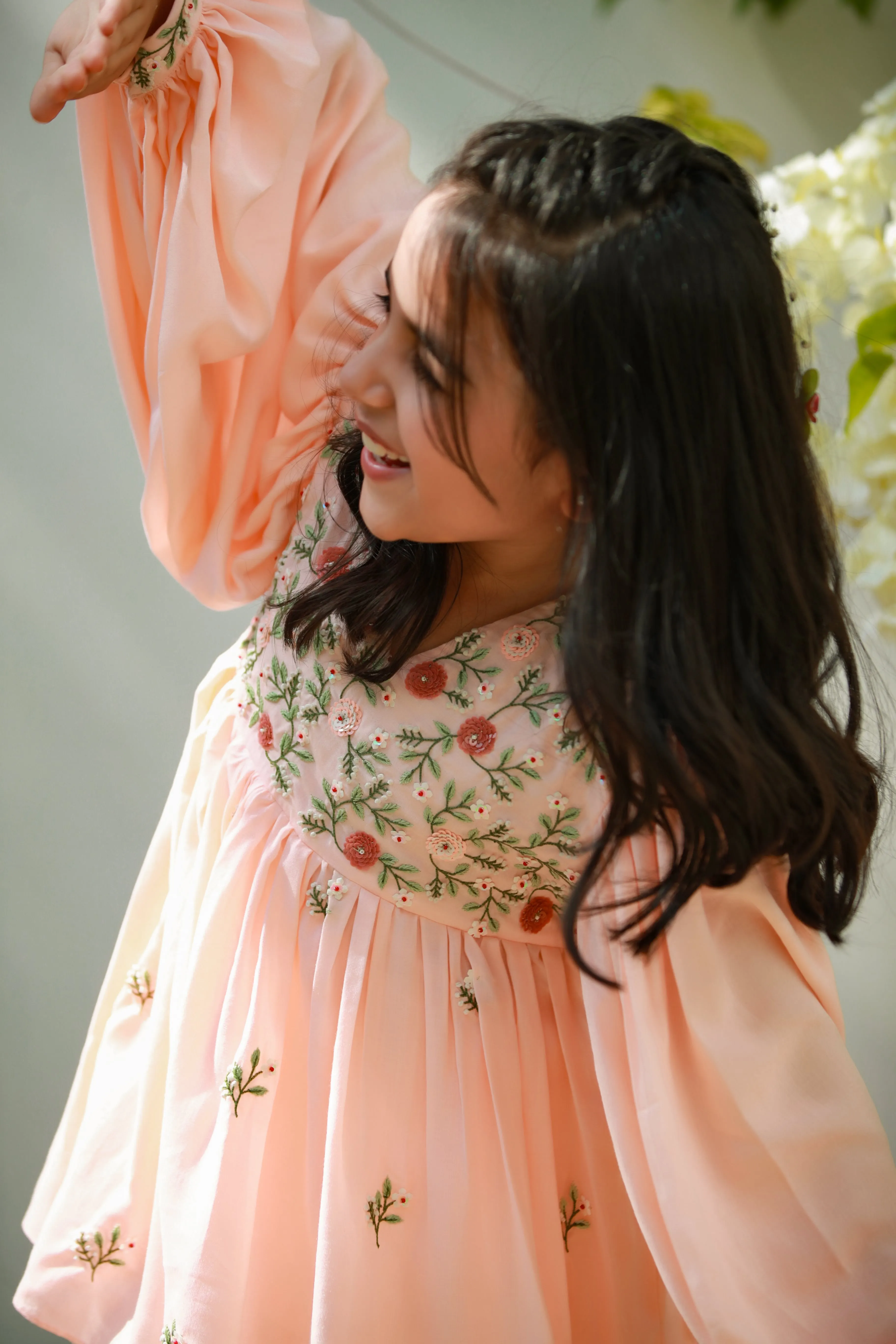 Shagufta- Peach Tencel Kurta & Sharara Set For Girls