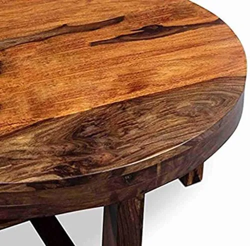 Solid Sheesham Wood Coffee Table with 4 Stool | Round Centre Table for Living Room, Home, Office Furniture | Teapoy for Living Room