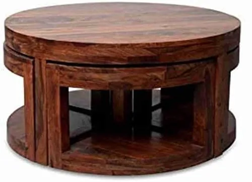 Solid Sheesham Wood Coffee Table with 4 Stool | Round Centre Table for Living Room, Home, Office Furniture | Teapoy for Living Room