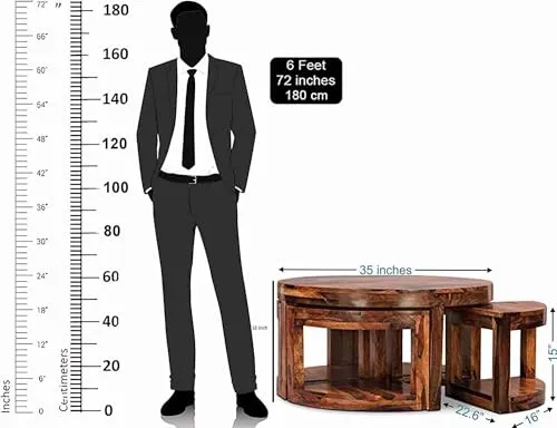 Solid Sheesham Wood Coffee Table with 4 Stool | Round Centre Table for Living Room, Home, Office Furniture | Teapoy for Living Room