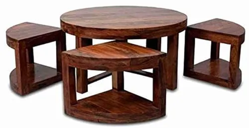 Solid Sheesham Wood Coffee Table with 4 Stool | Round Centre Table for Living Room, Home, Office Furniture | Teapoy for Living Room
