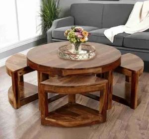 Solid Sheesham Wood Coffee Table with 4 Stool | Round Centre Table for Living Room, Home, Office Furniture | Teapoy for Living Room