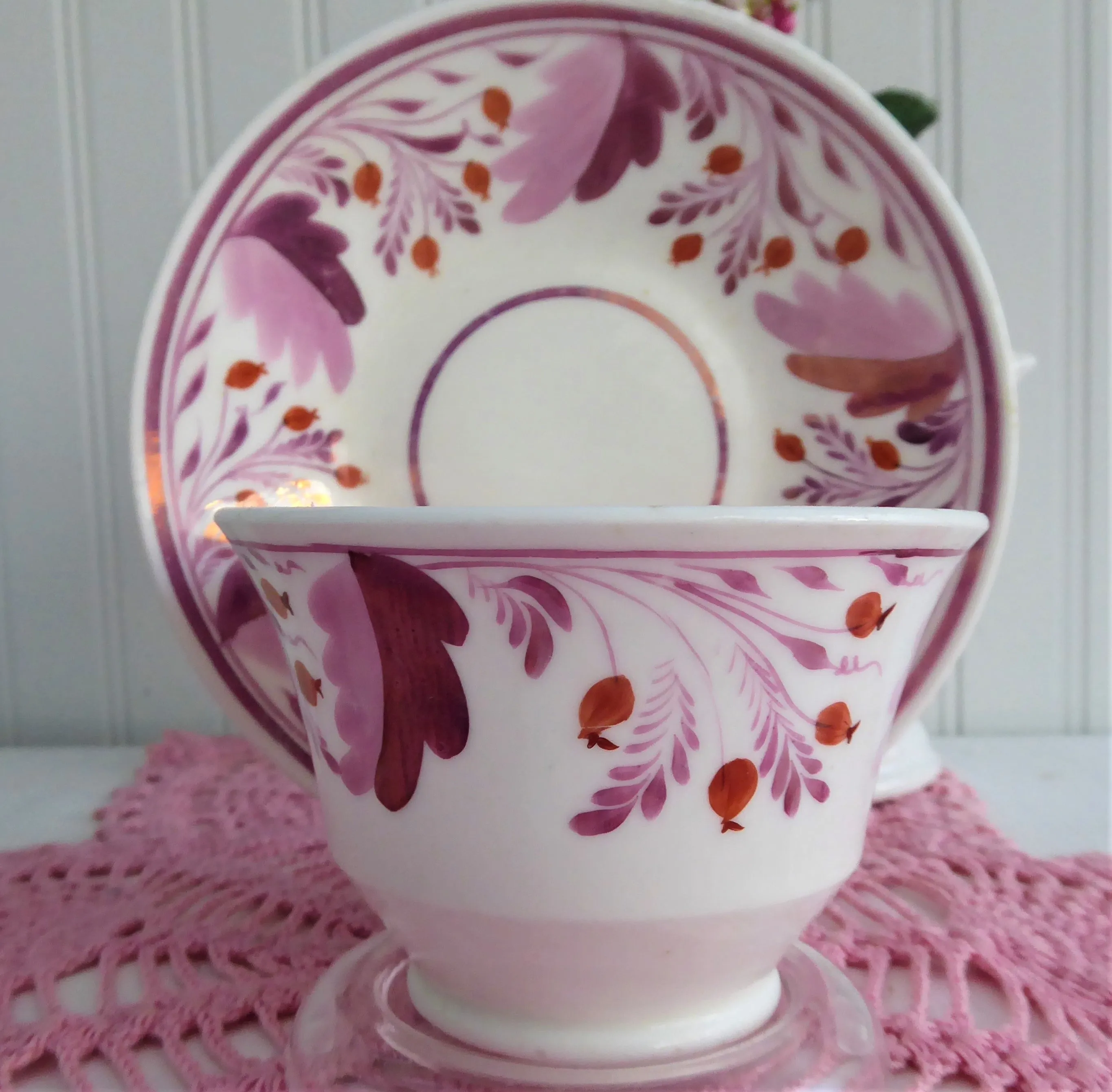 Tea Bowl Cup And Saucer Pink Copper Luster Floral 1810 Georgian Staffordshire