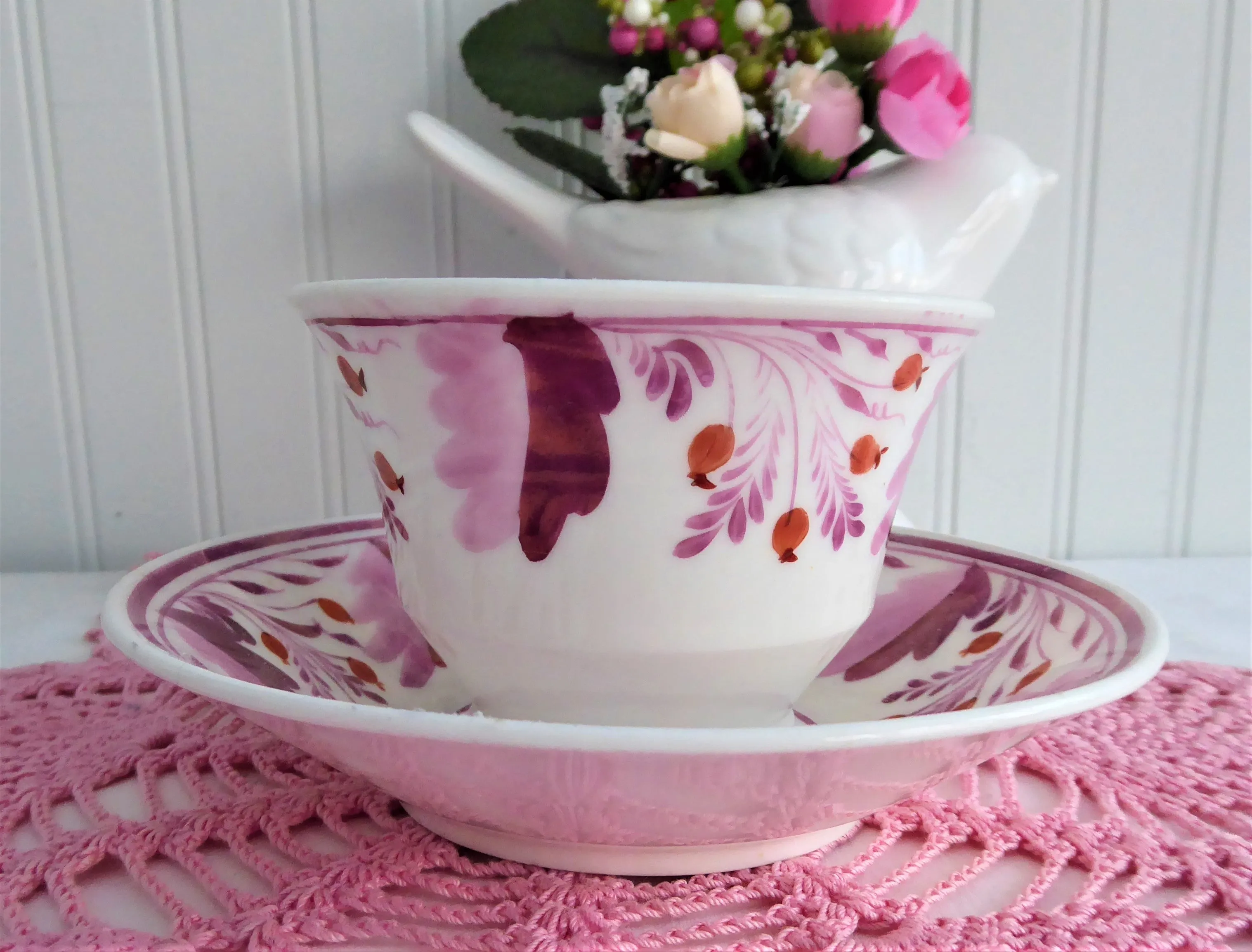 Tea Bowl Cup And Saucer Pink Copper Luster Floral 1810 Georgian Staffordshire