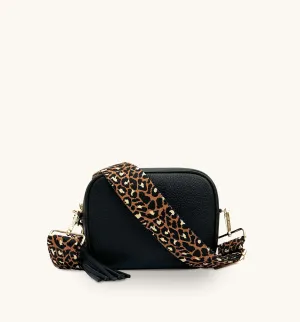 The Tassel Black Leather Crossbody Bag With Tan Cheetah Strap