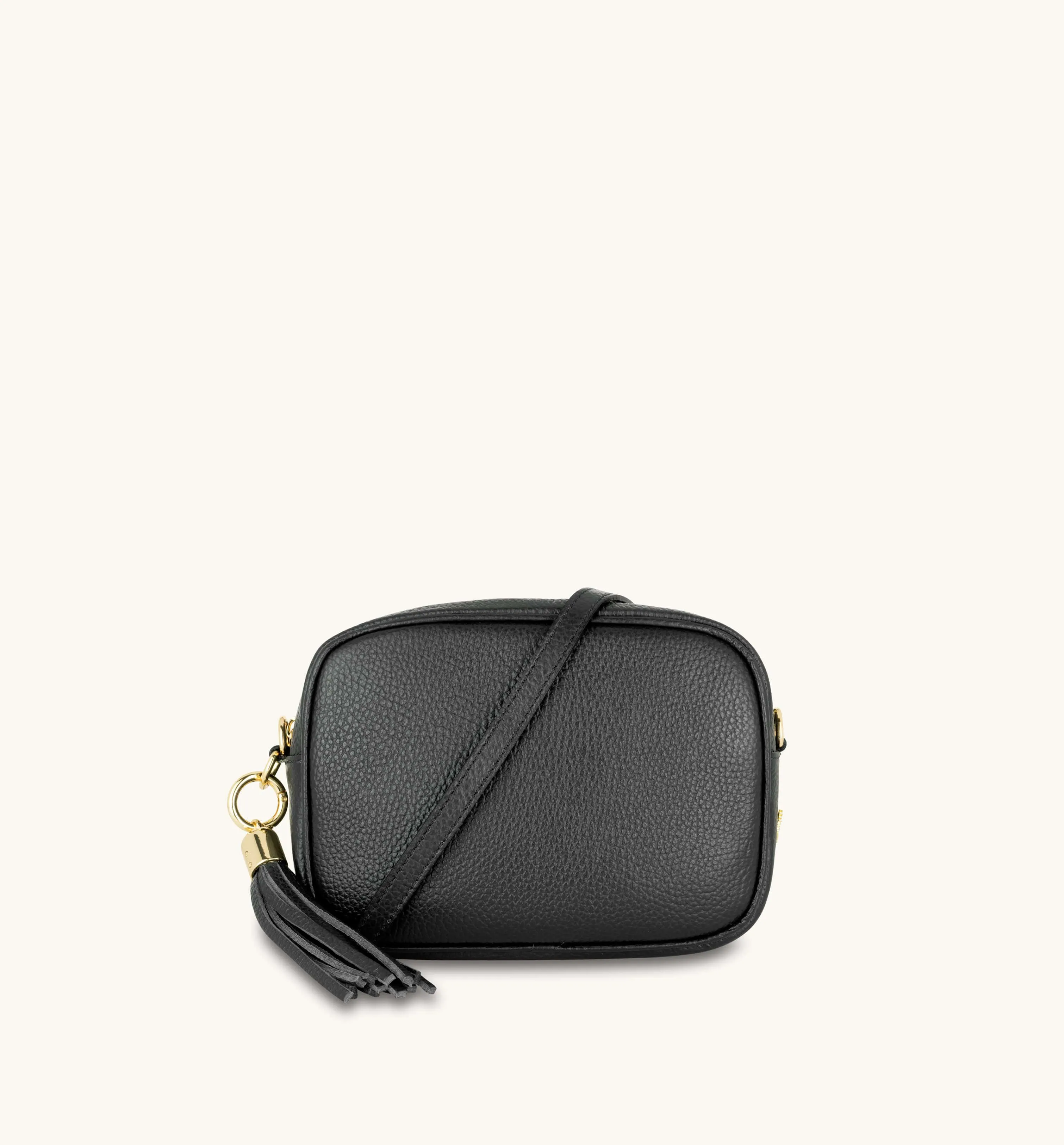 The Tassel Black Leather Crossbody Bag With Tan Cheetah Strap