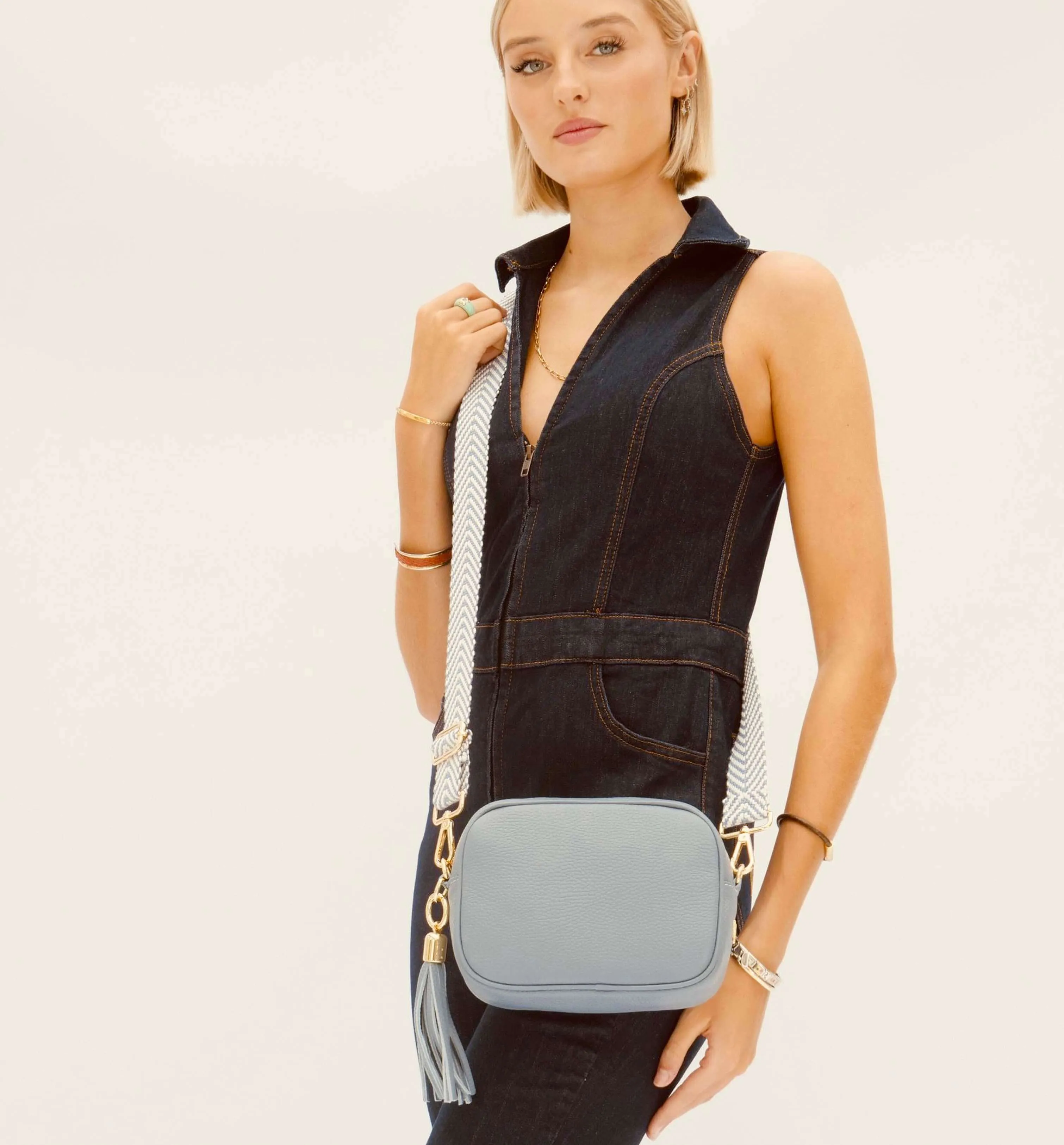 The Tassel Denim Blue Leather Crossbody Bag With Denim Blue Chevron Strap