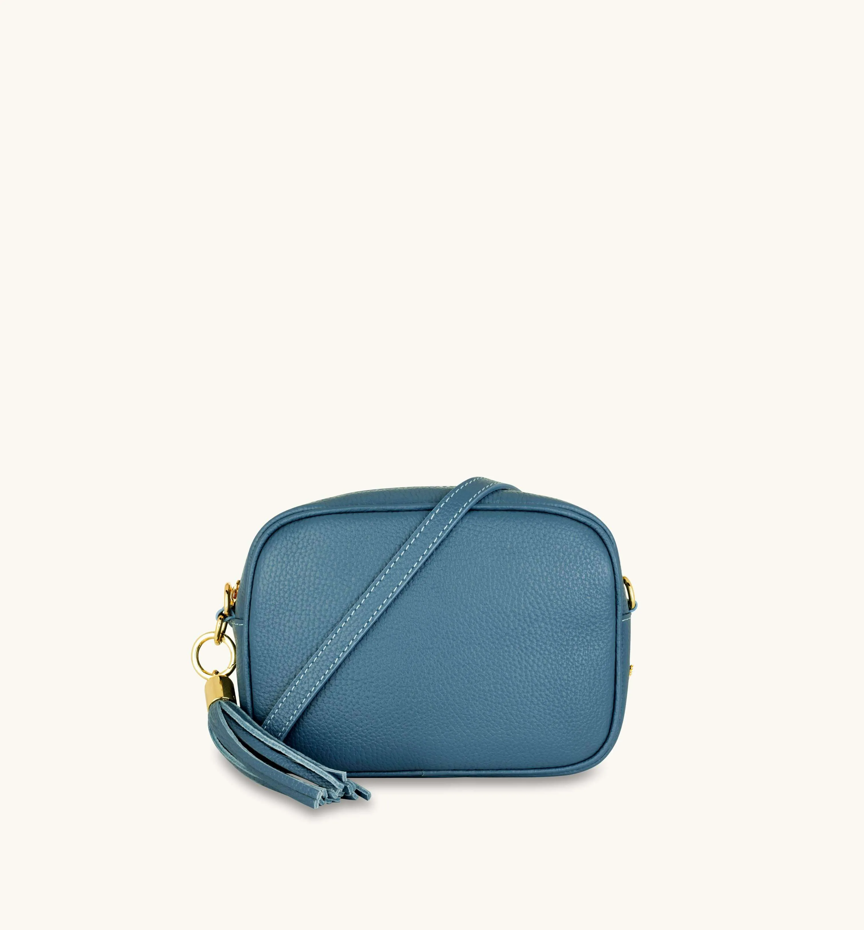 The Tassel Denim Blue Leather Crossbody Bag With Denim Blue Chevron Strap