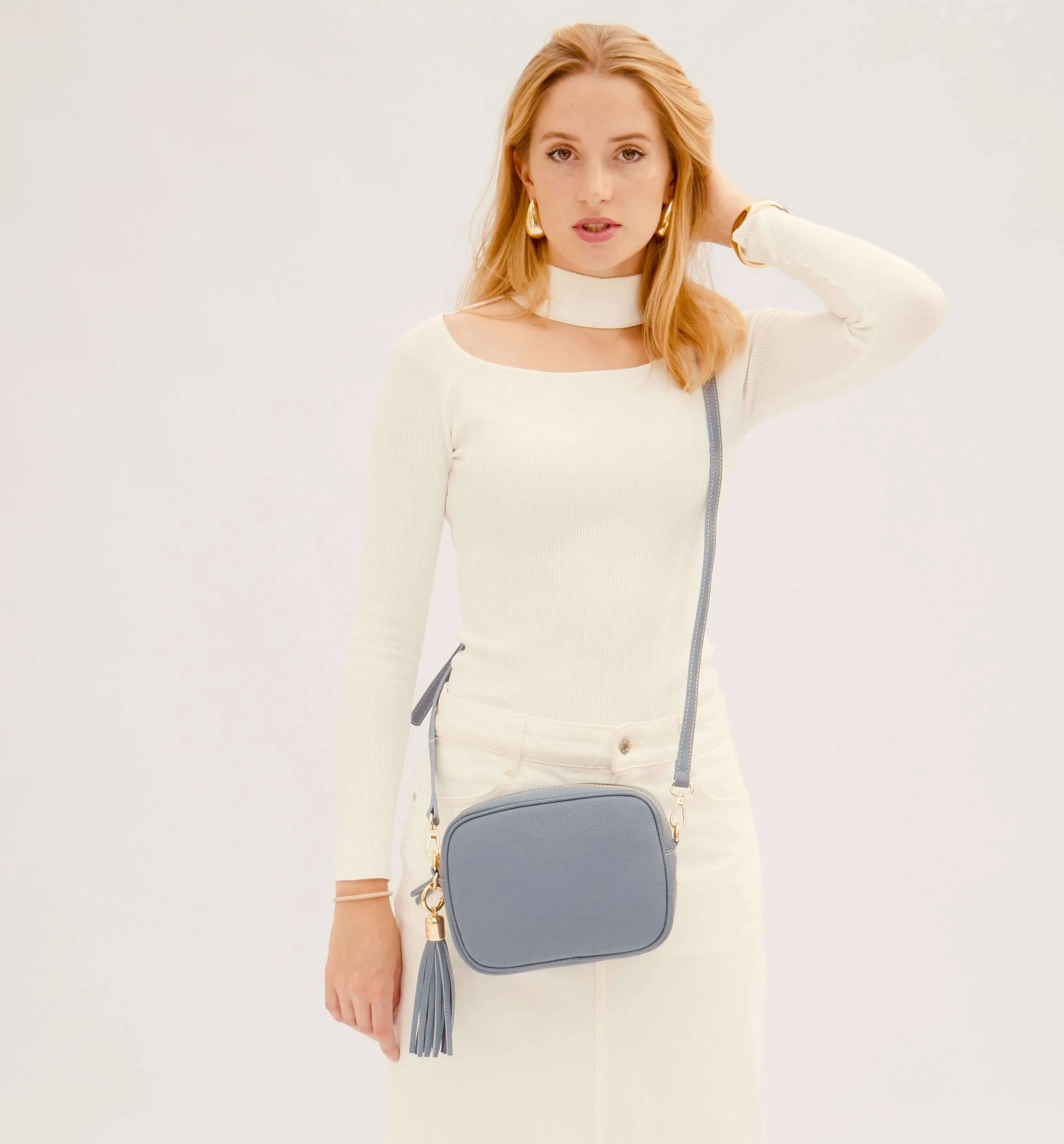 The Tassel Denim Blue Leather Crossbody Bag With Denim Blue Chevron Strap