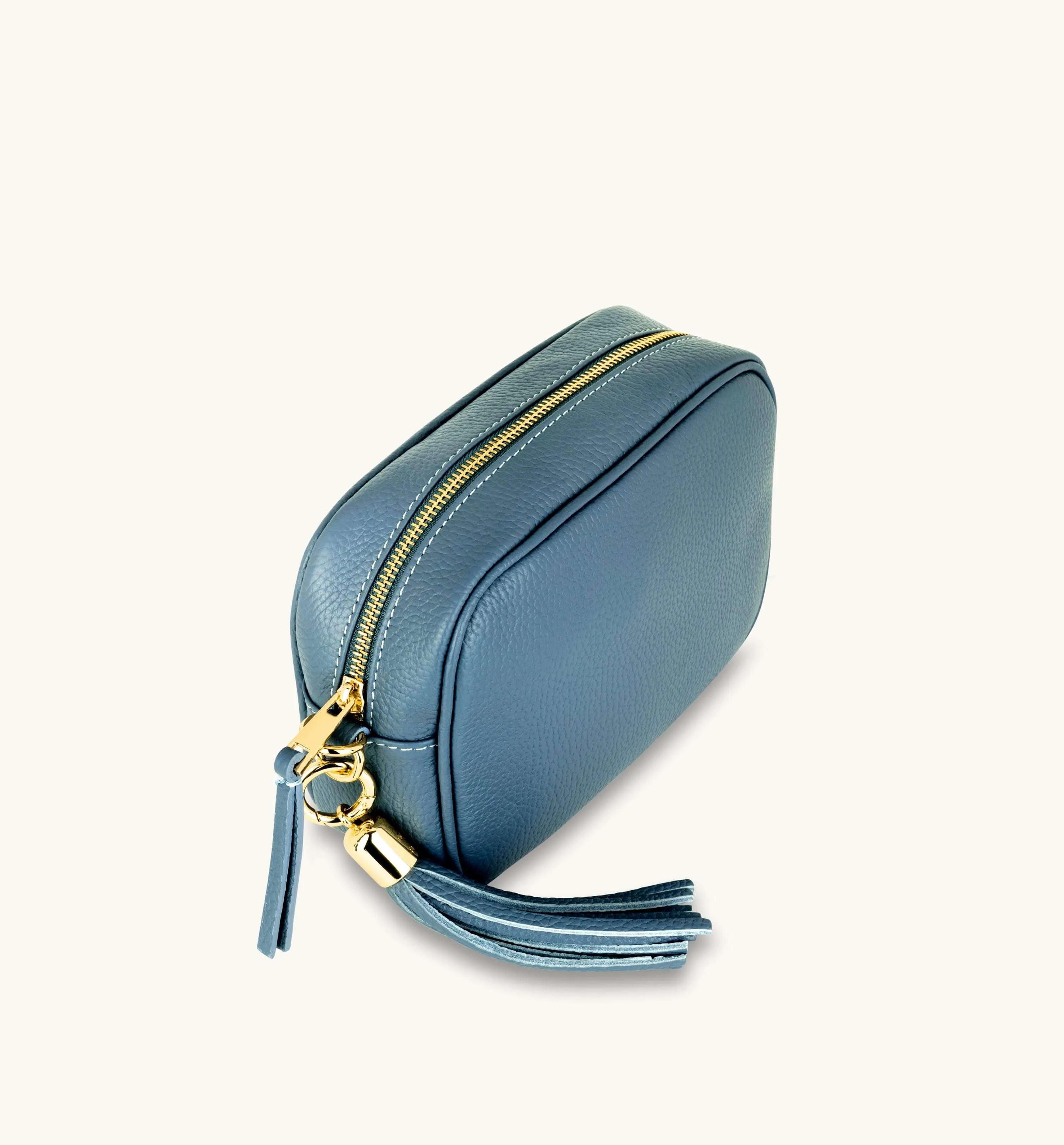 The Tassel Denim Blue Leather Crossbody Bag With Denim Blue Chevron Strap