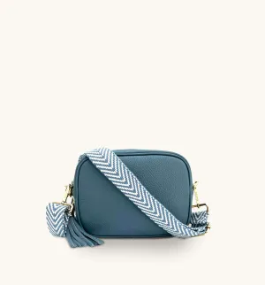 The Tassel Denim Blue Leather Crossbody Bag With Denim Blue Chevron Strap