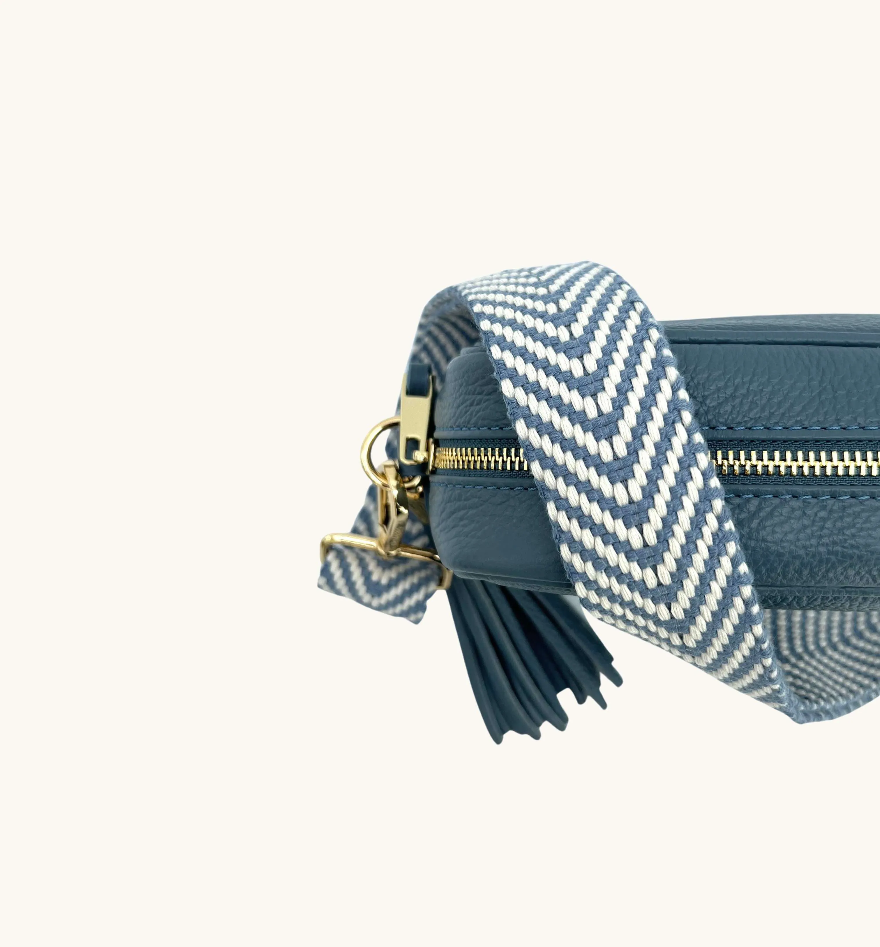 The Tassel Denim Blue Leather Crossbody Bag With Denim Blue Chevron Strap