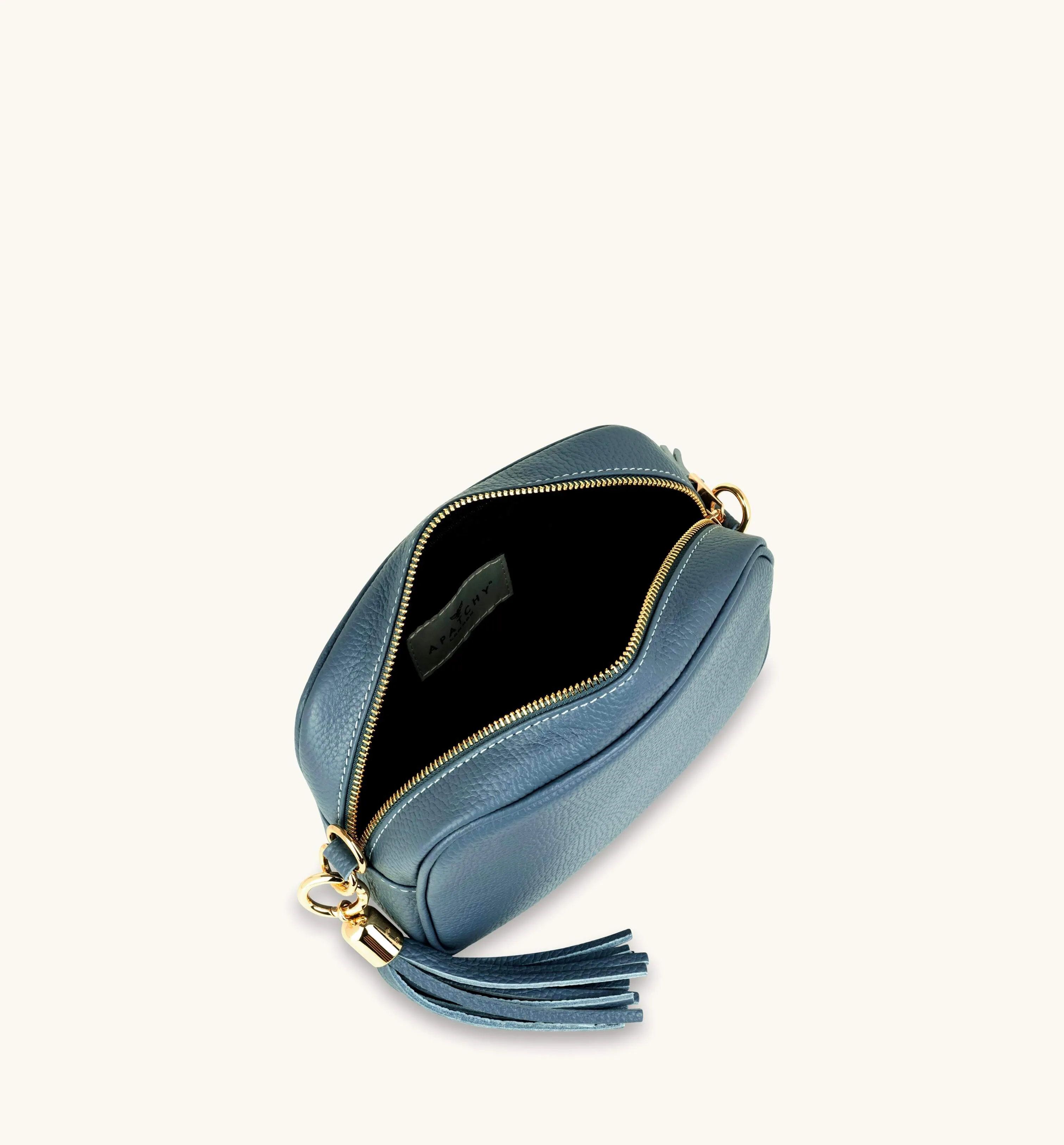 The Tassel Denim Blue Leather Crossbody Bag With Denim Blue Chevron Strap