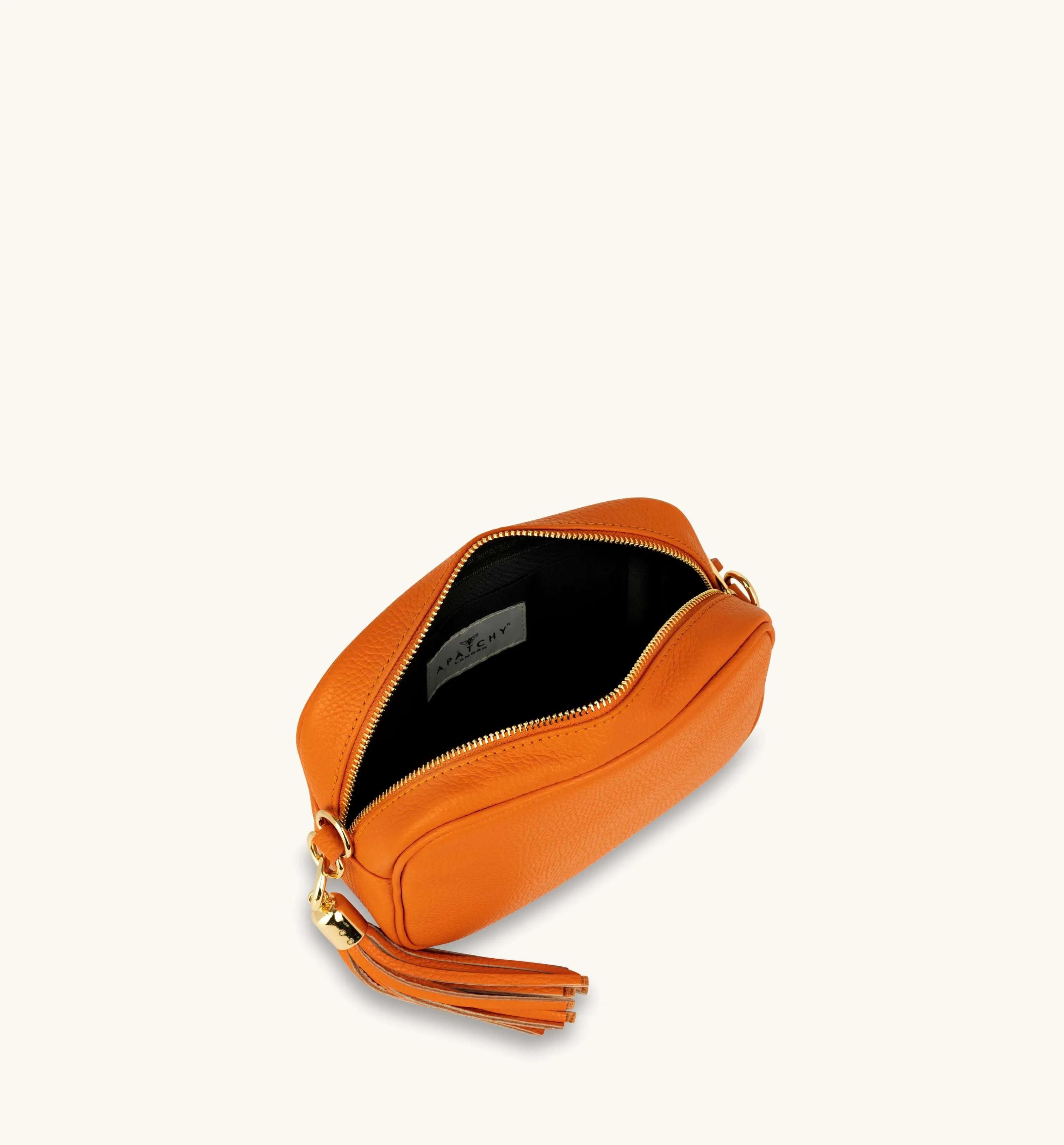 The Tassel Orange Leather Crossbody Bag With Orange & Tan Check Strap