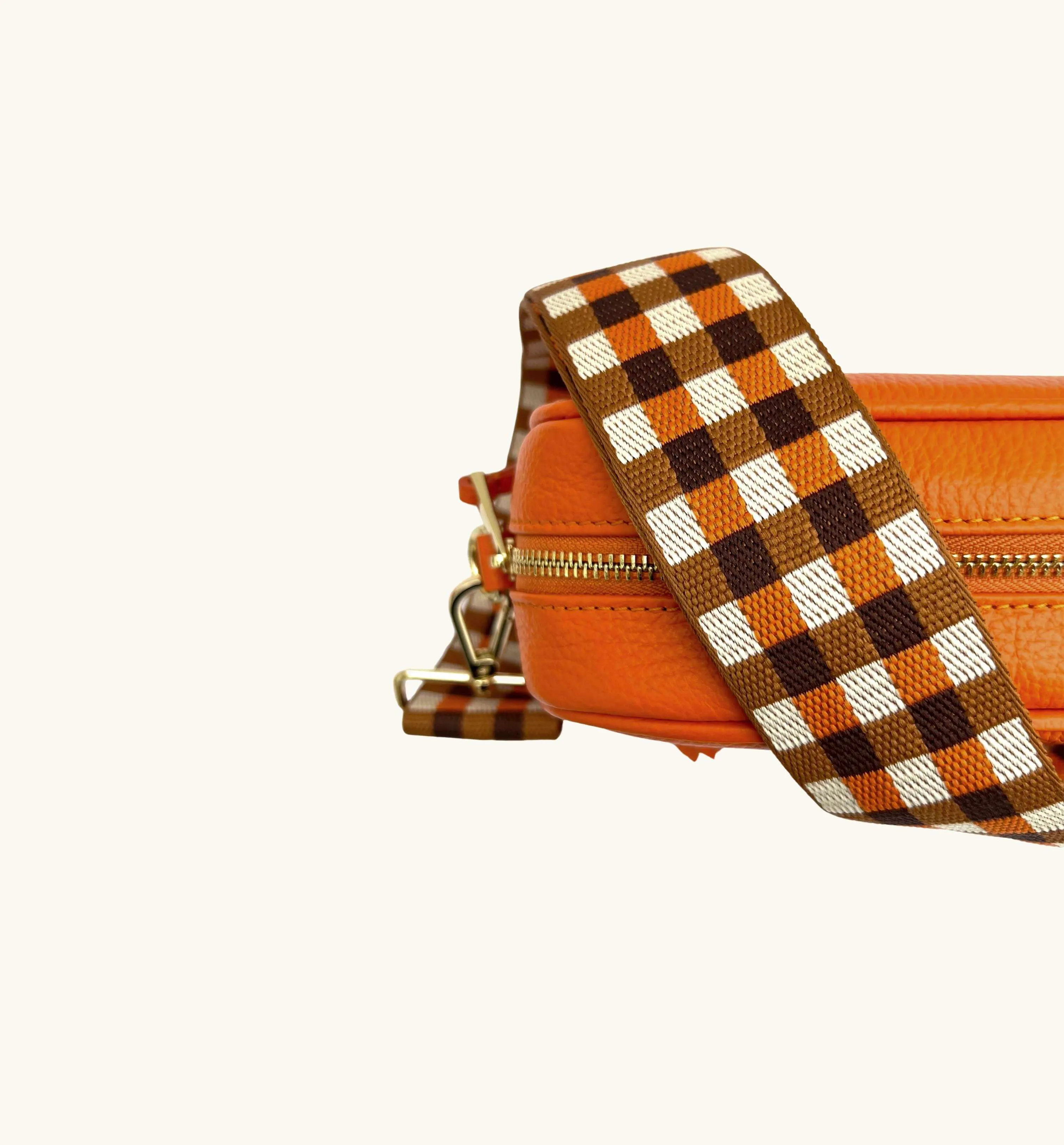 The Tassel Orange Leather Crossbody Bag With Orange & Tan Check Strap