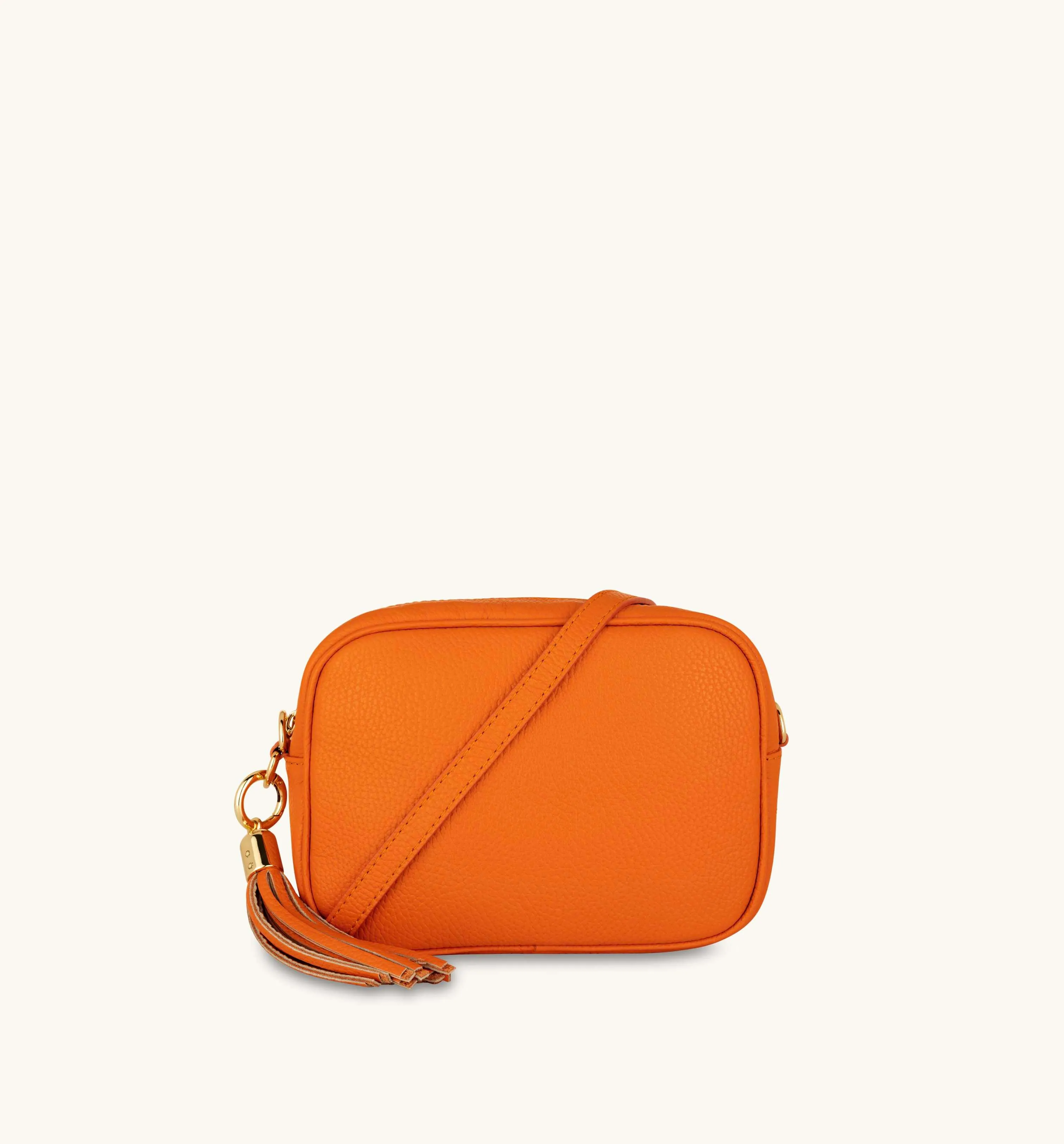 The Tassel Orange Leather Crossbody Bag With Orange & Tan Check Strap