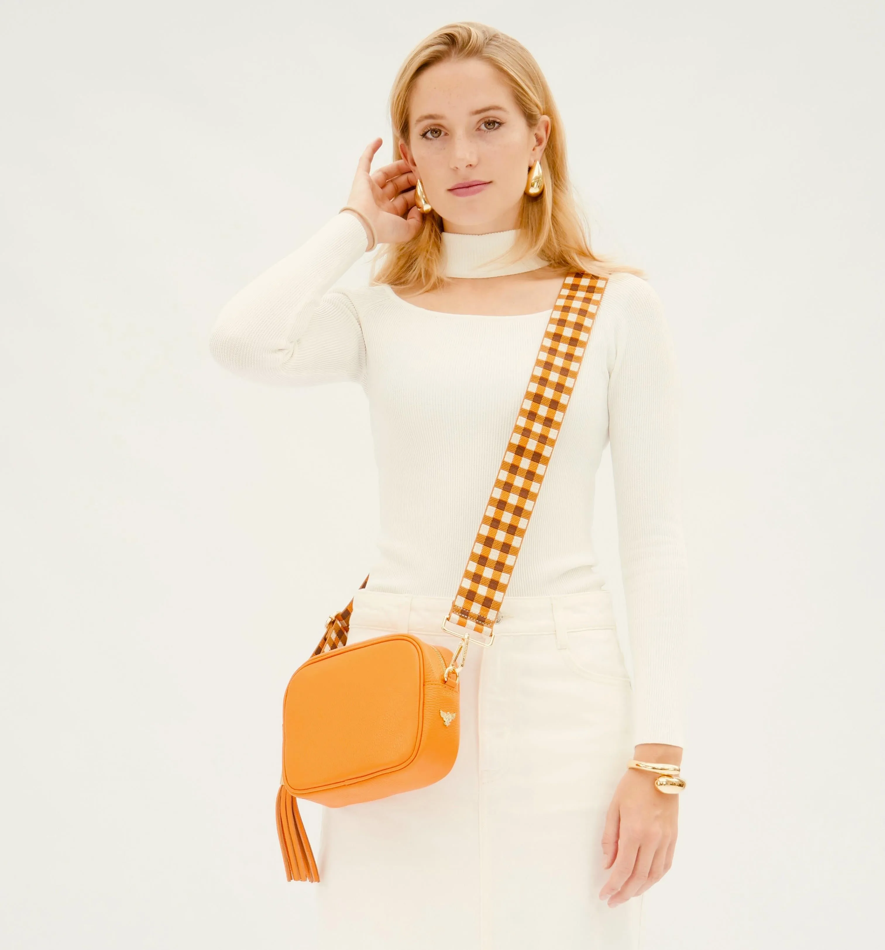 The Tassel Orange Leather Crossbody Bag With Orange & Tan Check Strap