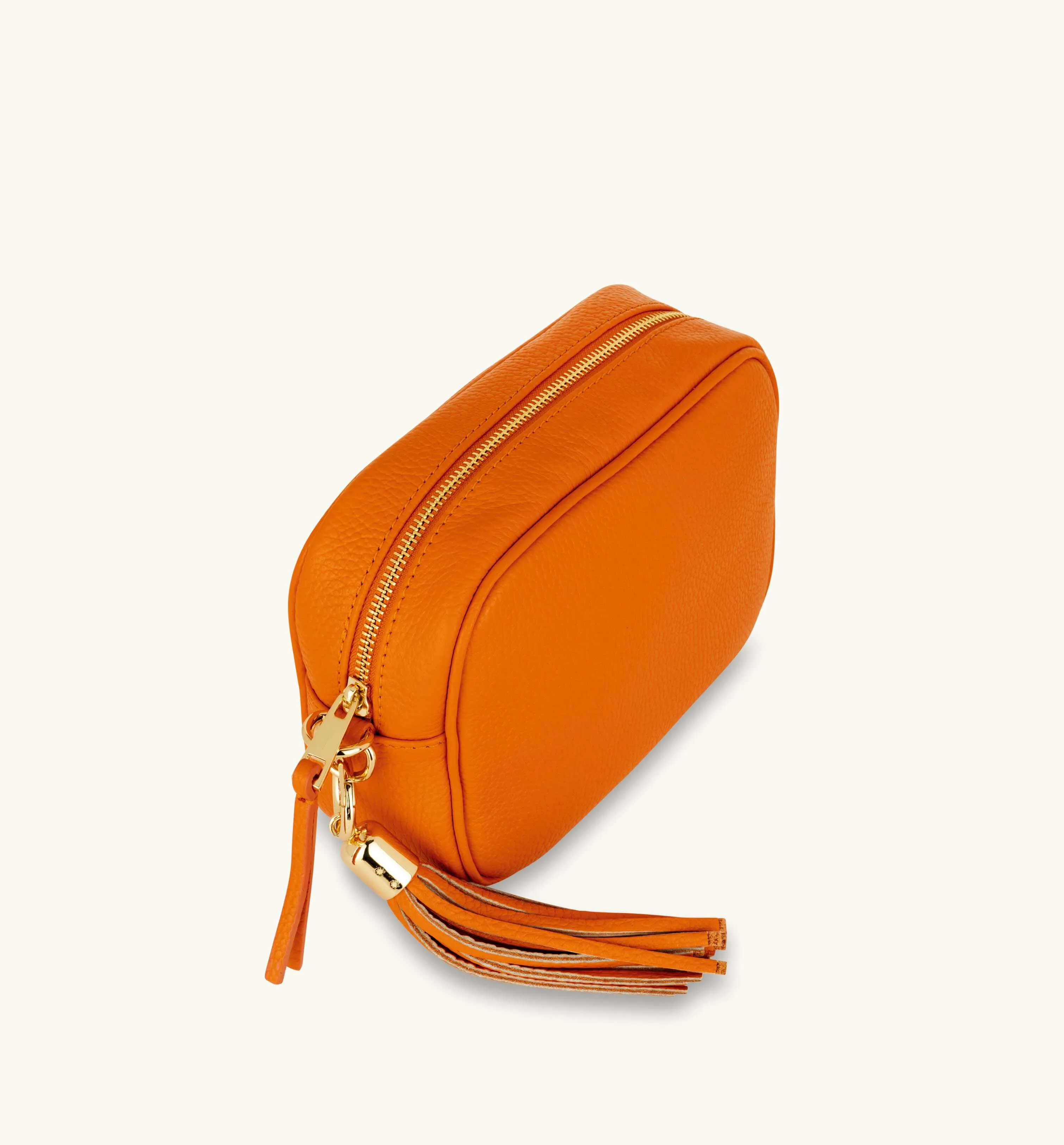 The Tassel Orange Leather Crossbody Bag With Orange & Tan Check Strap